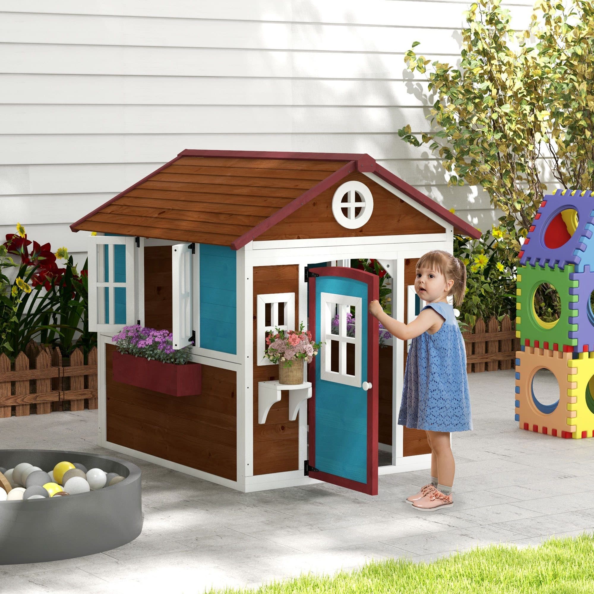 Outsunny Kinderspielhaus aus Holz mit Blumenkästen und Retro-Fenster Dunkelbraun - Bild 2