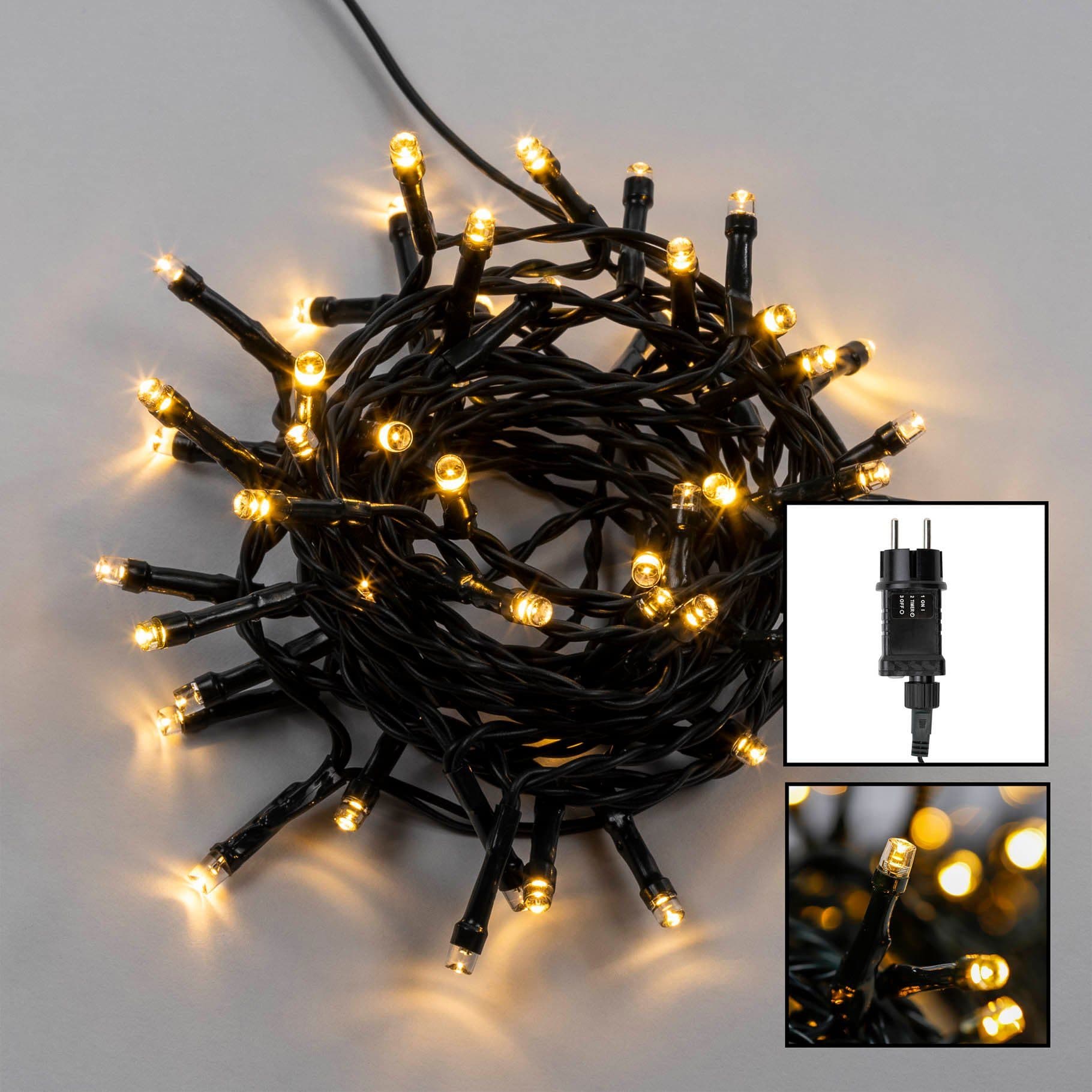 HI Lichterkette mit 50 warmweißen LEDs, Timer, IP44, Grün