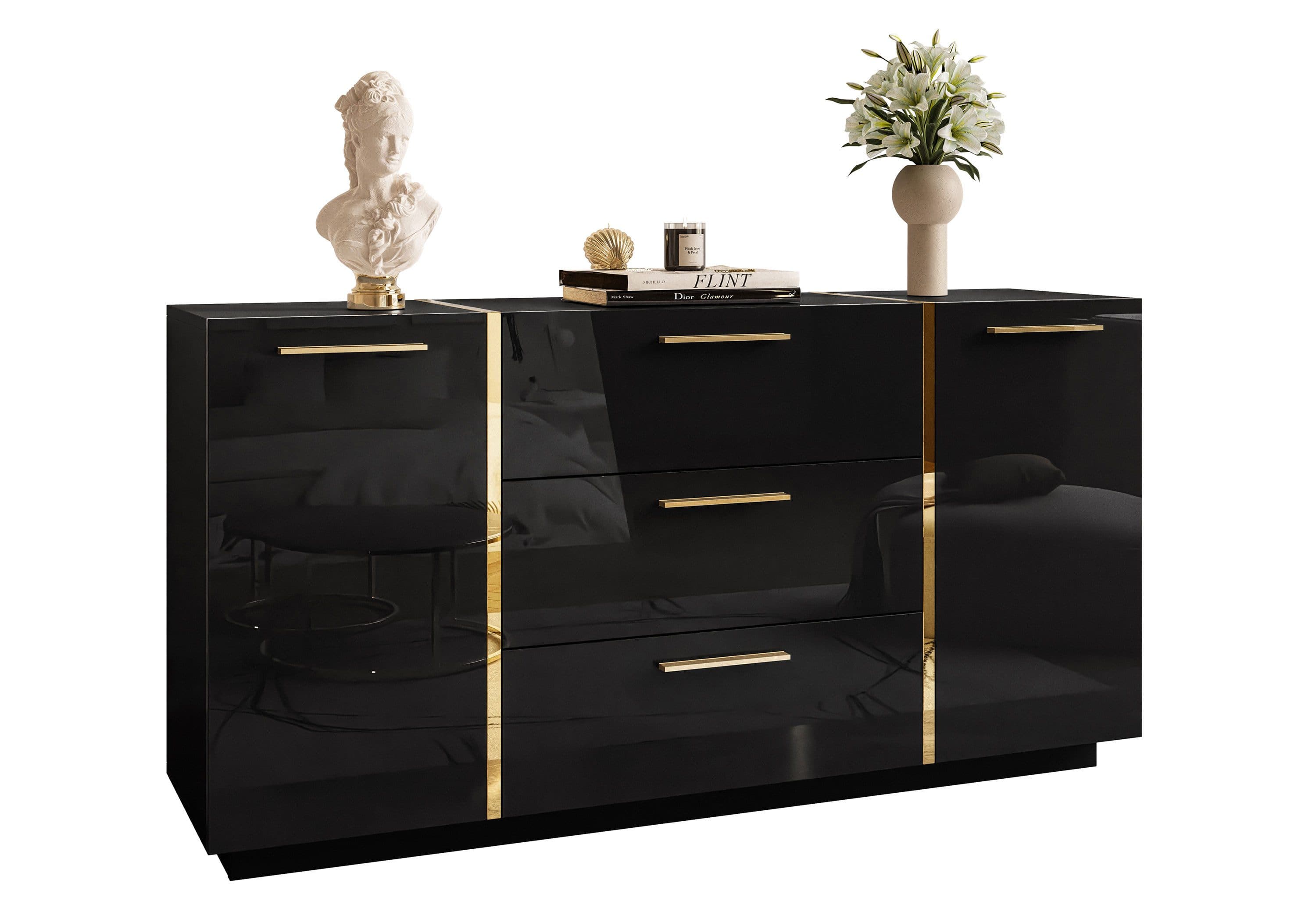 Lookway Kommode ONYX Hochglanz Schwarz mit Goldgriffen - Bild 2