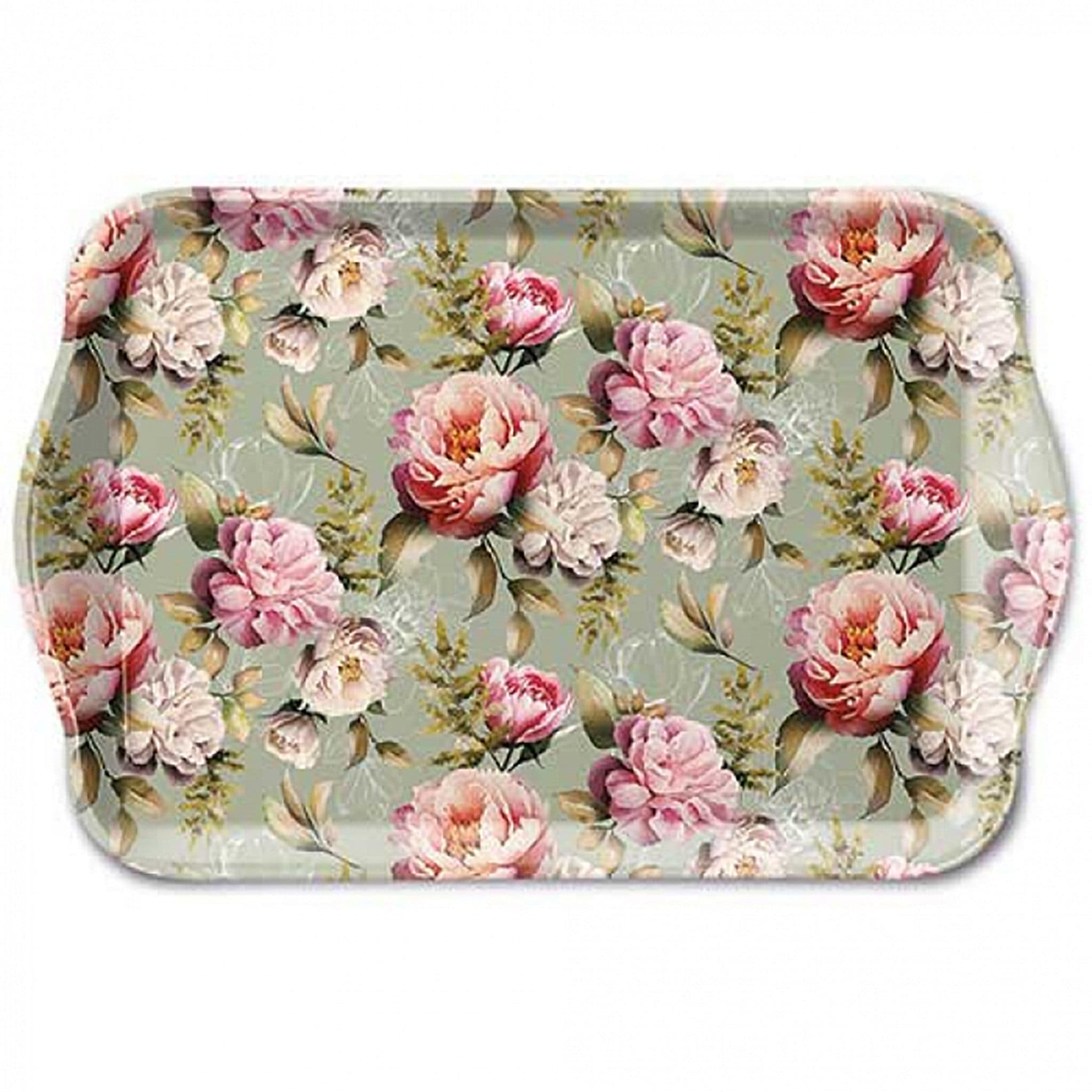 Ambiente Luxury Paper Products Dekotablett Melamin 21x13cm Pfingstrosen Motiv Grün/Rosa