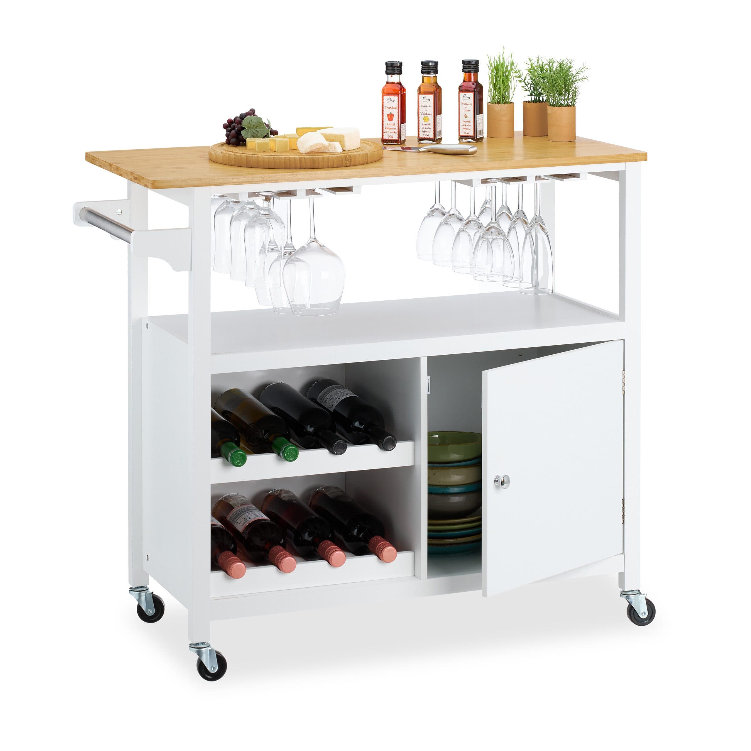 relaxdays Küchenwagen mit Weinregal & Gläserhalter Weiß/Bambus - Bild 2