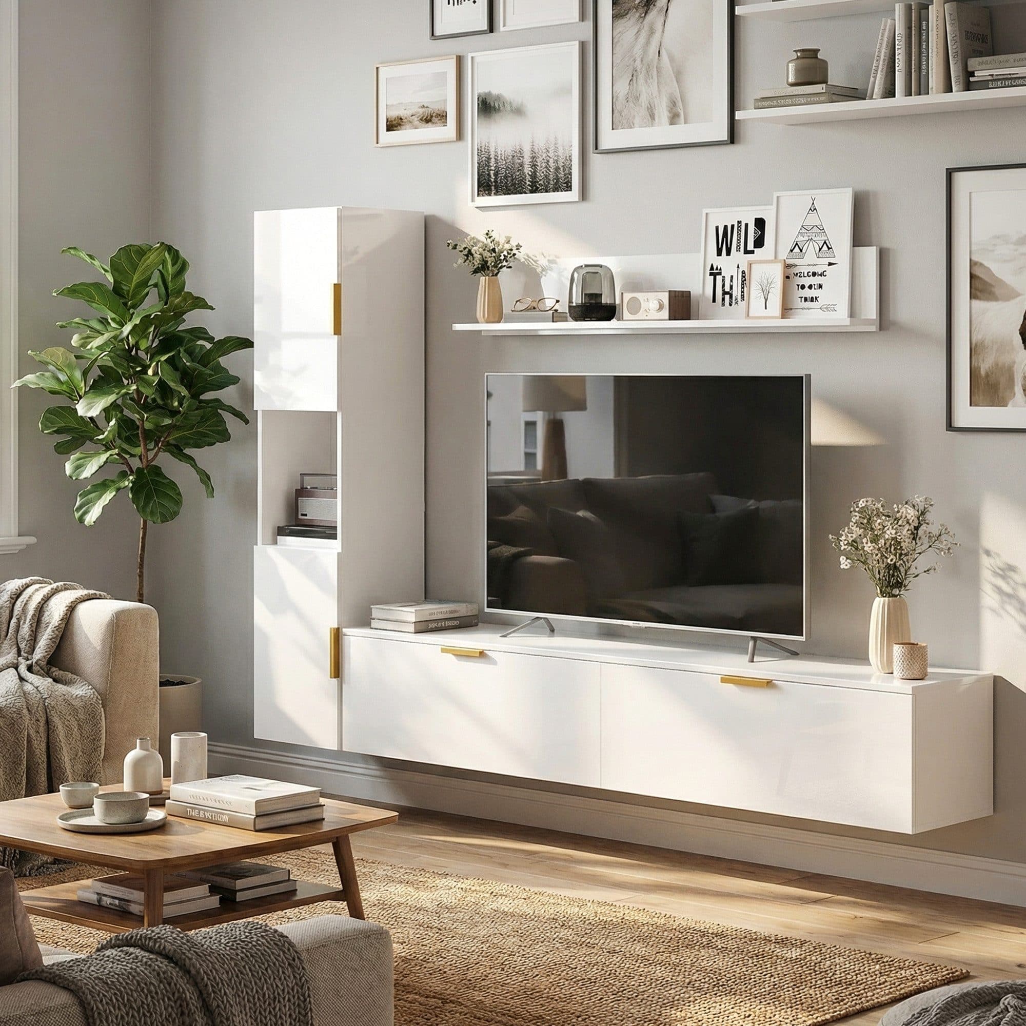 HOMCOM TV-Regal Set mit Schrank und Wandregal Hochglanz Weiß - Bild 2
