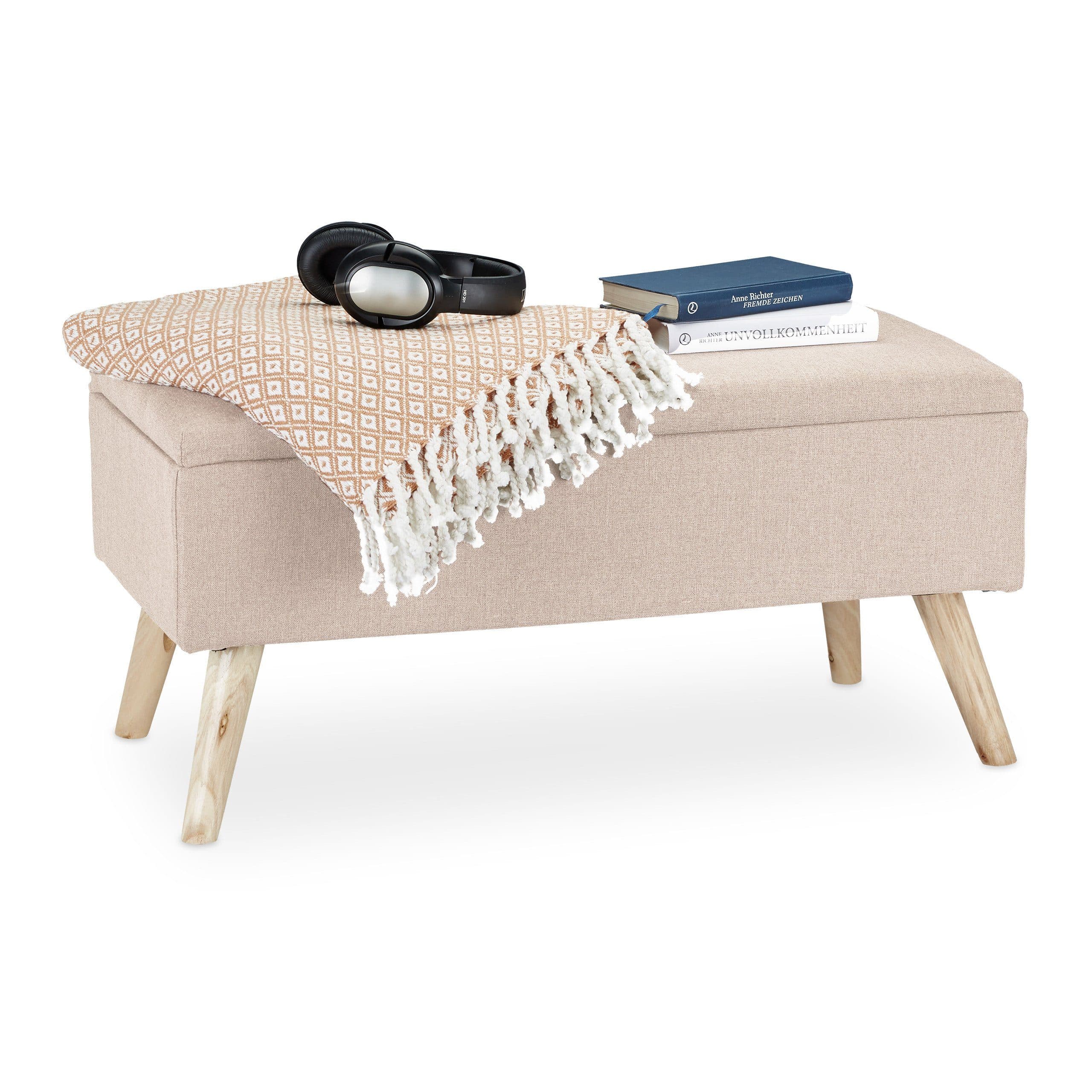 relaxdays Polsterbank Beige mit Stauraum und Holzbeinen - Bild 2