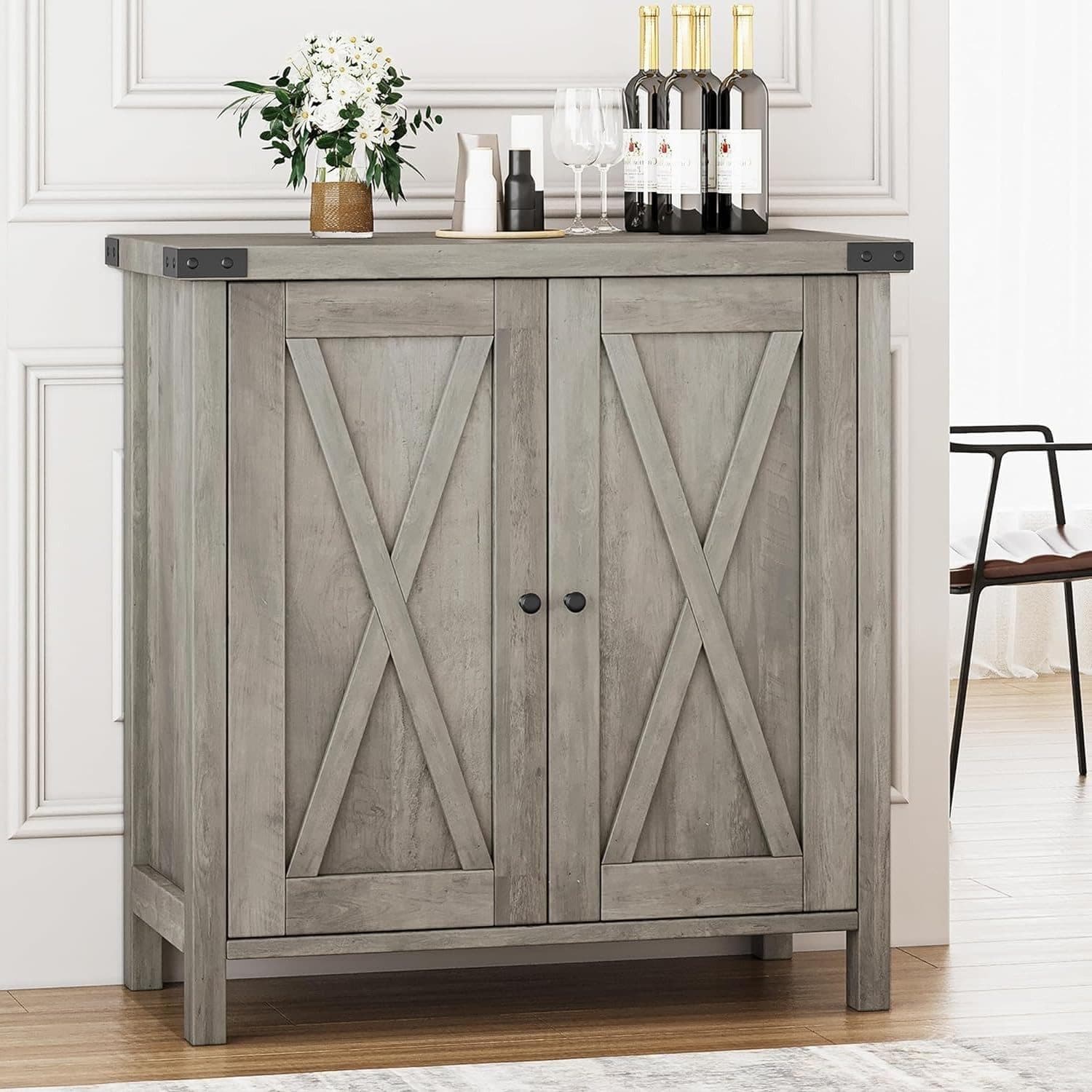GarveeMore Buffet Sideboard 2 Türen Weiß Grau Landhausstil - Bild 2