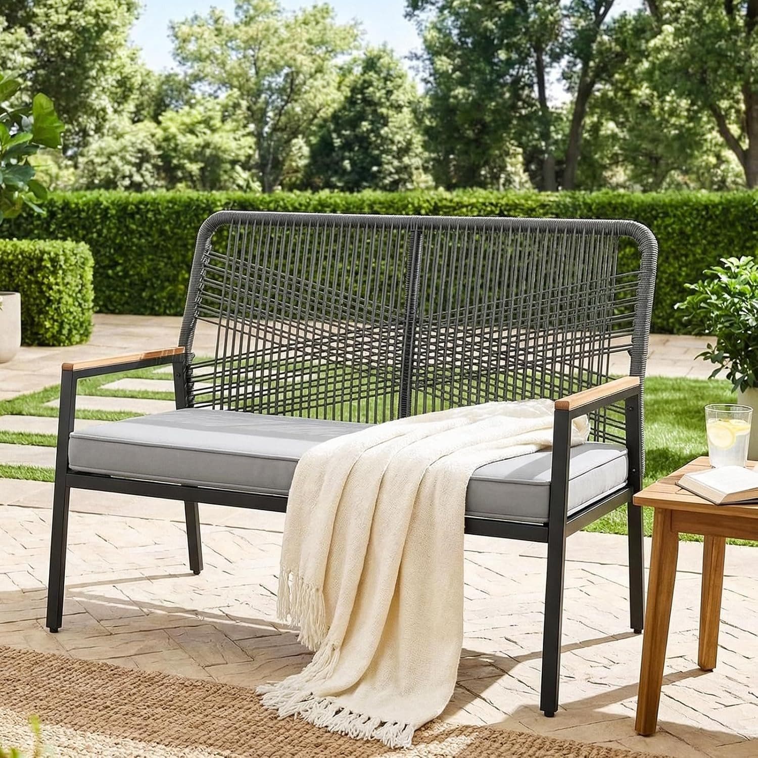 TLGREEN Gartenbank Rattan 2-Sitzer Grau mit Kissen - Bild 2
