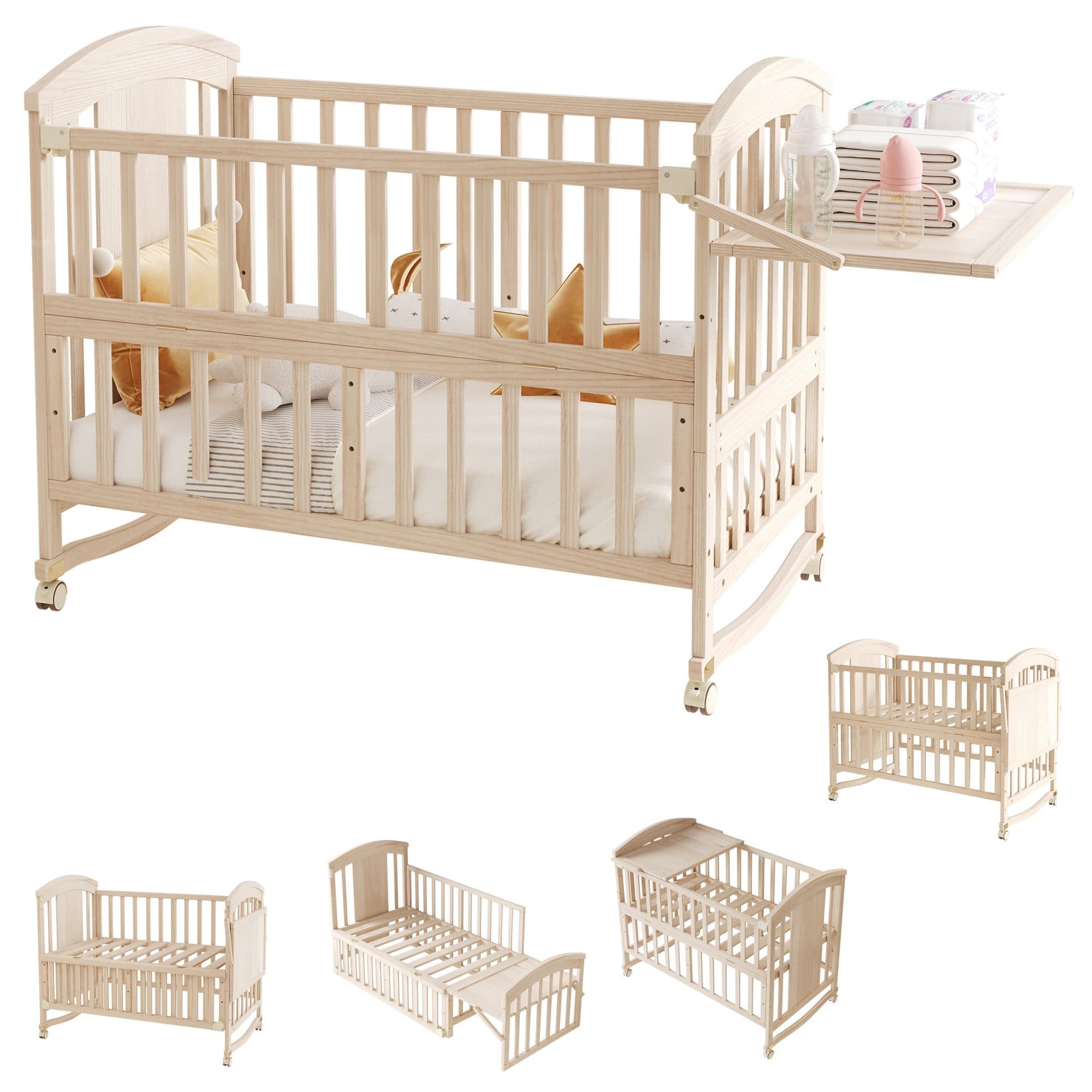 OKWISH Babybett Kiefernholz Natur Beistellbett verlängerbar mit Wickelaufsatz - Bild 2