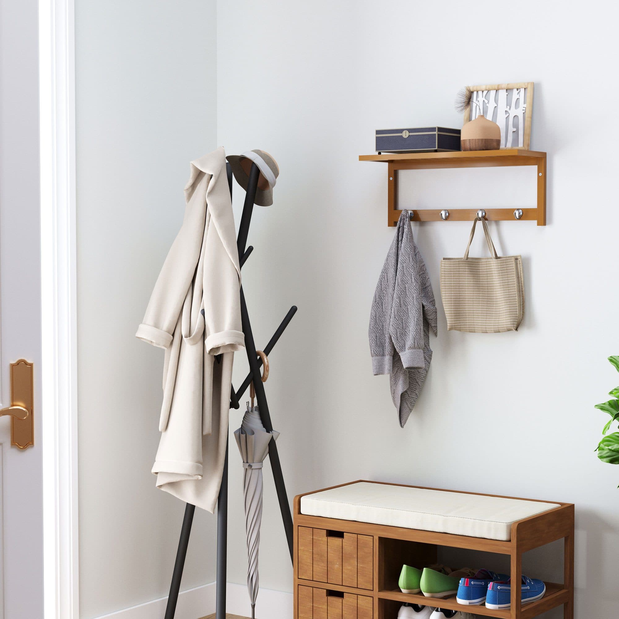HOMCOM Garderobenleiste mit 4 Haken Wandgarderobe Naturholz - Bild 2