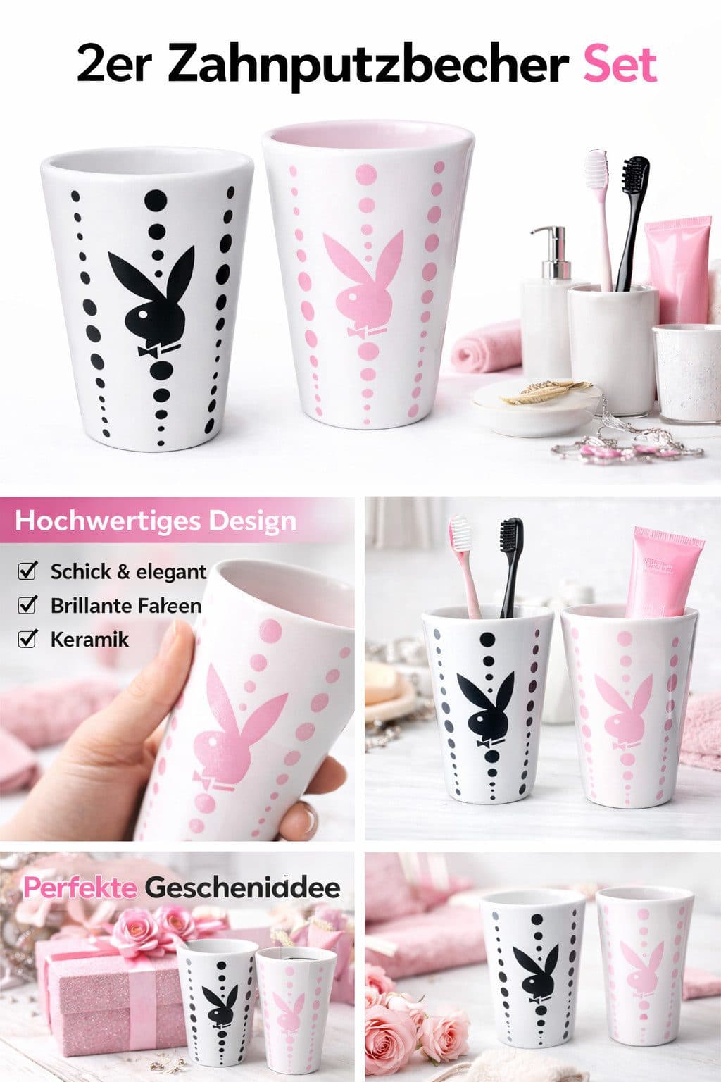 Playboy Zahnputzbecher 2er Set Bunny Keramik Rosa/Schwarz - Bild 2