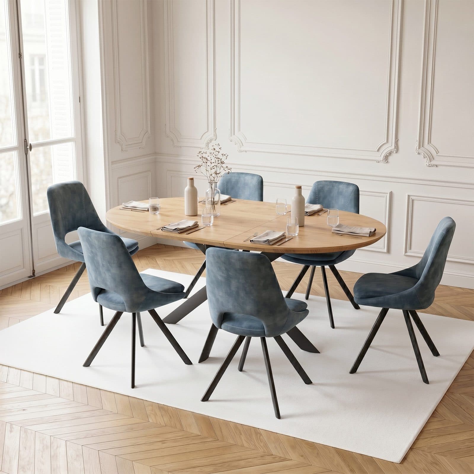 Jiexi Ausziehbarer Esstisch mit 4 Stühlen, Oval, Beige - Bild 2