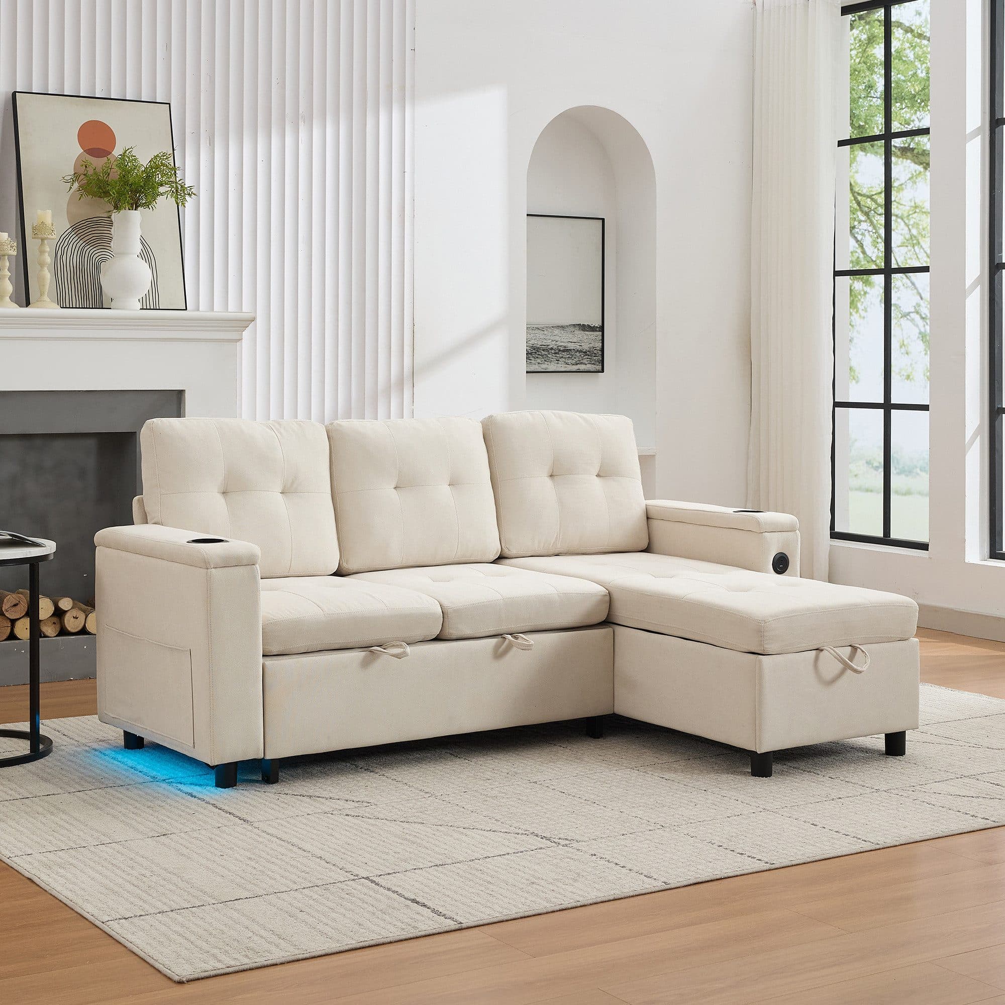 Odikalo Ecksofa mit Schlaffunktion, LED und Stauraum Beige - Bild 2