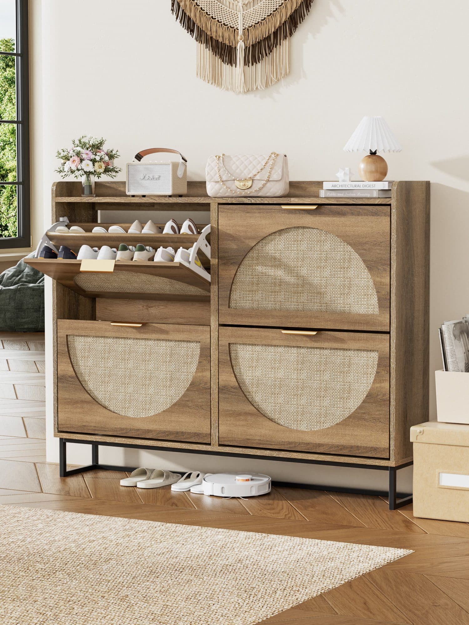 FiveWillowise Schuhschrank 4 Klapptüren Rattan Natur - Bild 2