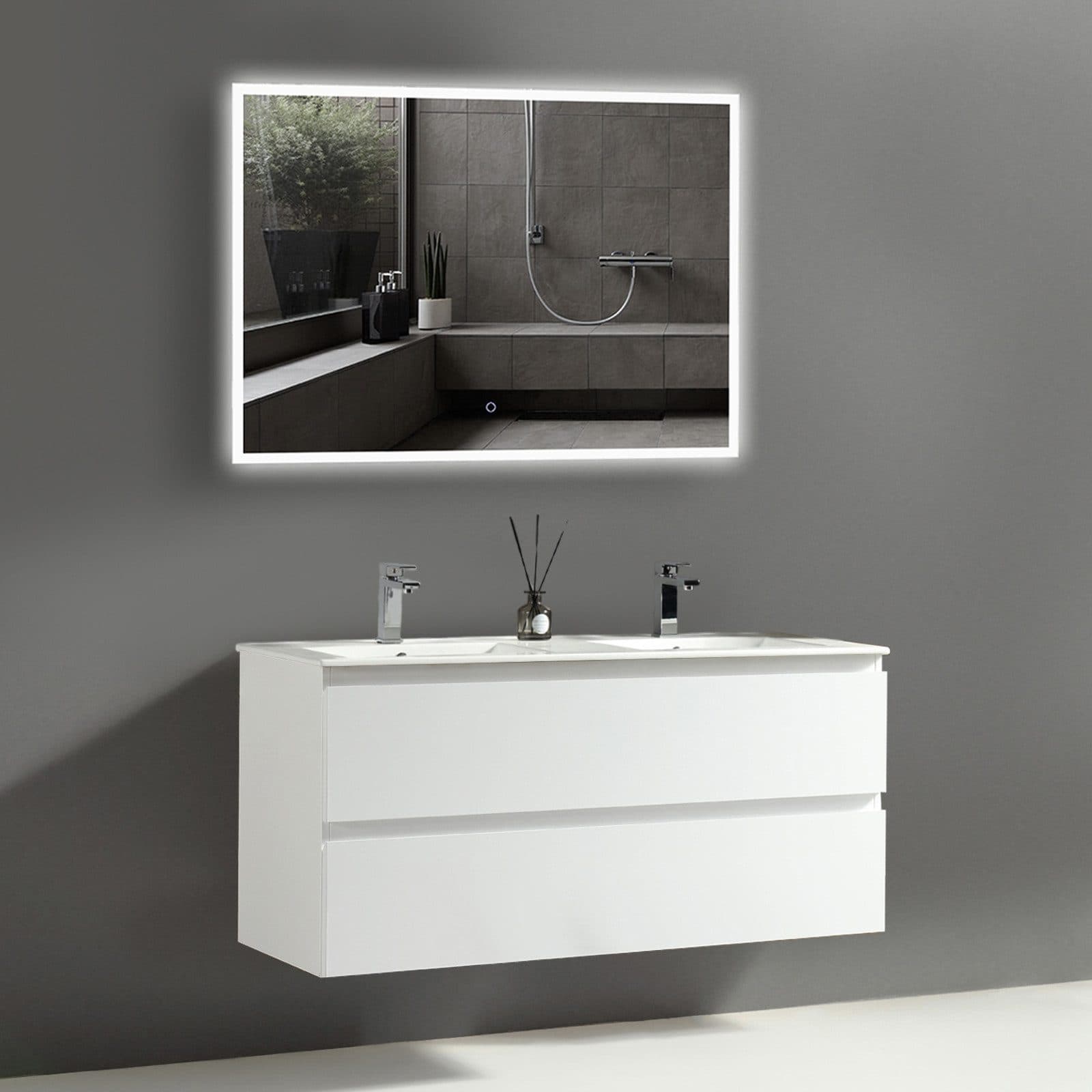 Alpenberger Badezimmer-Set 3-tlg. Doppelwaschtisch mit LED-Spiegel Weiß - Bild 2