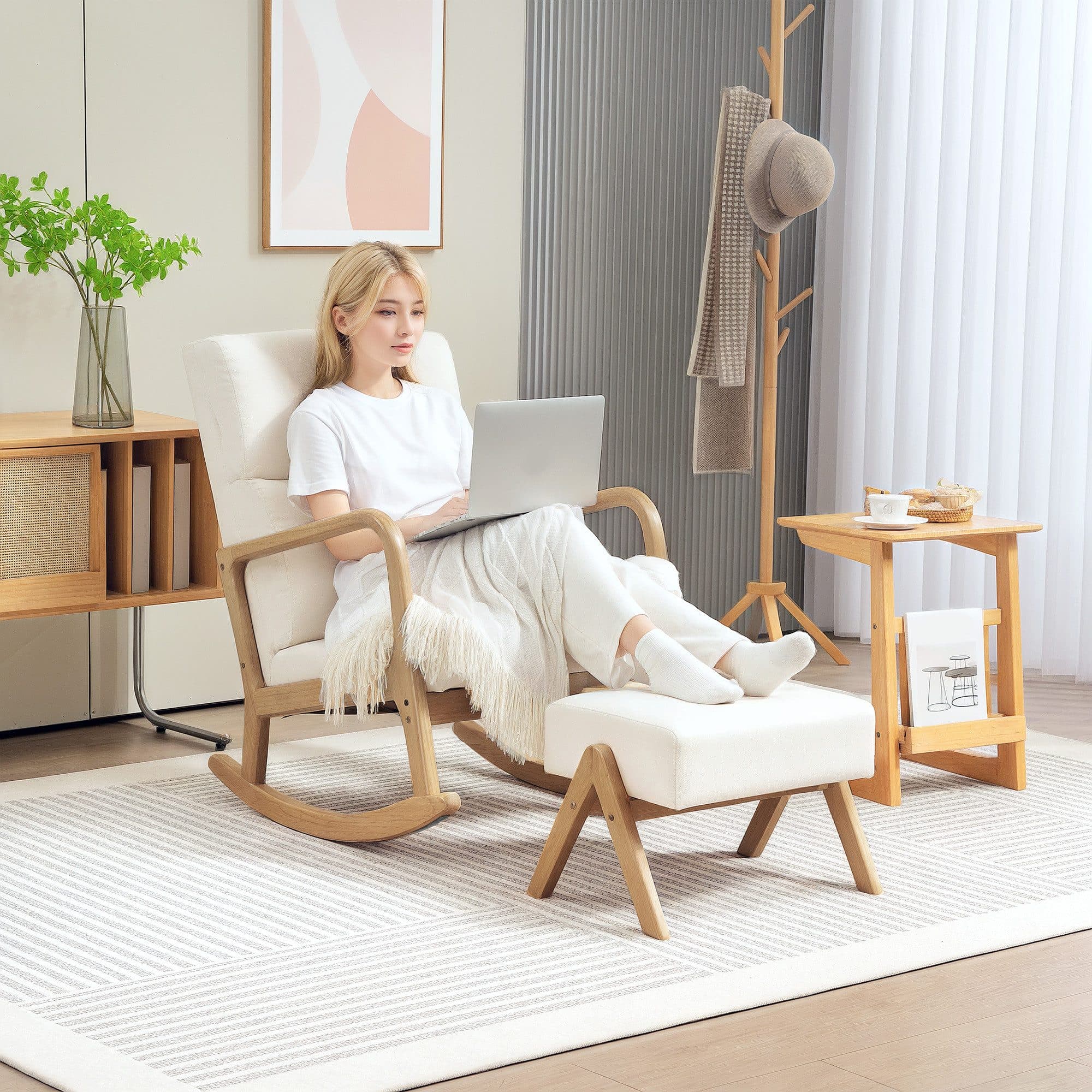 HOMCOM Schaukelsessel mit Hocker Leinenoptik Cremeweiß - Bild 2