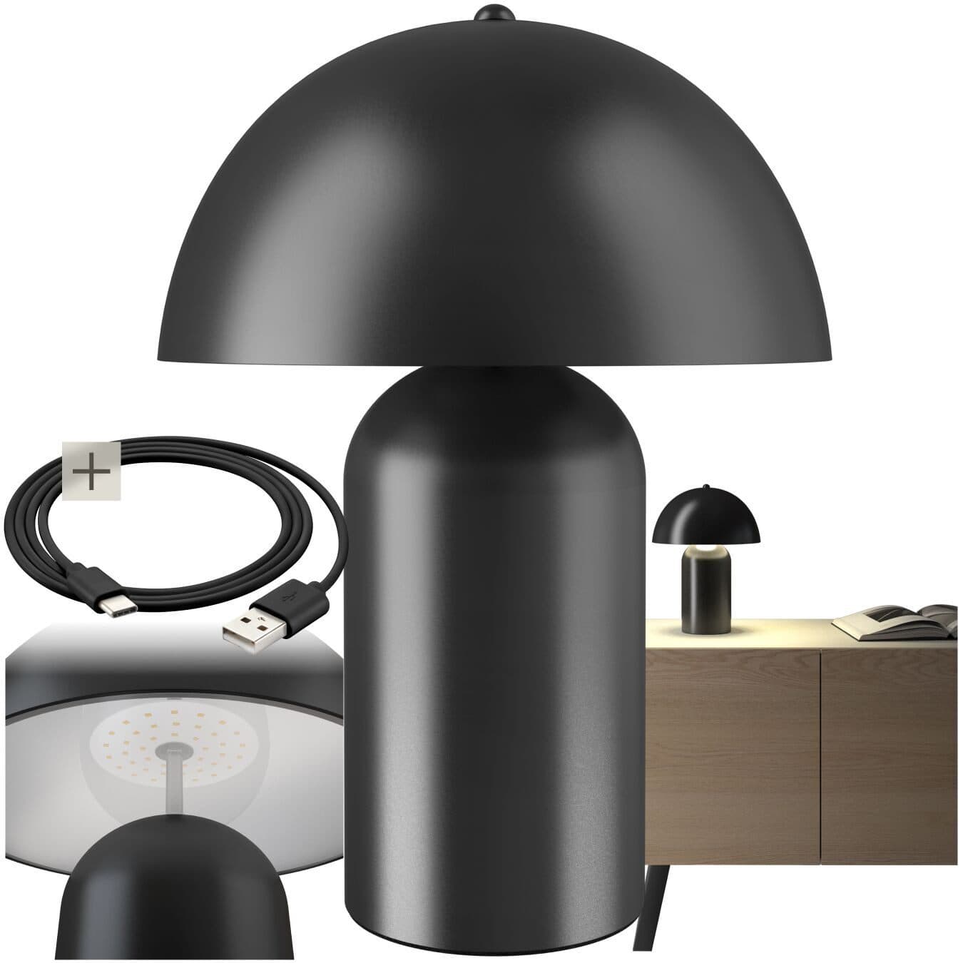 tectake Schreibtischlampe Akku Retro Pilzdesign Schwarz - Bild 2