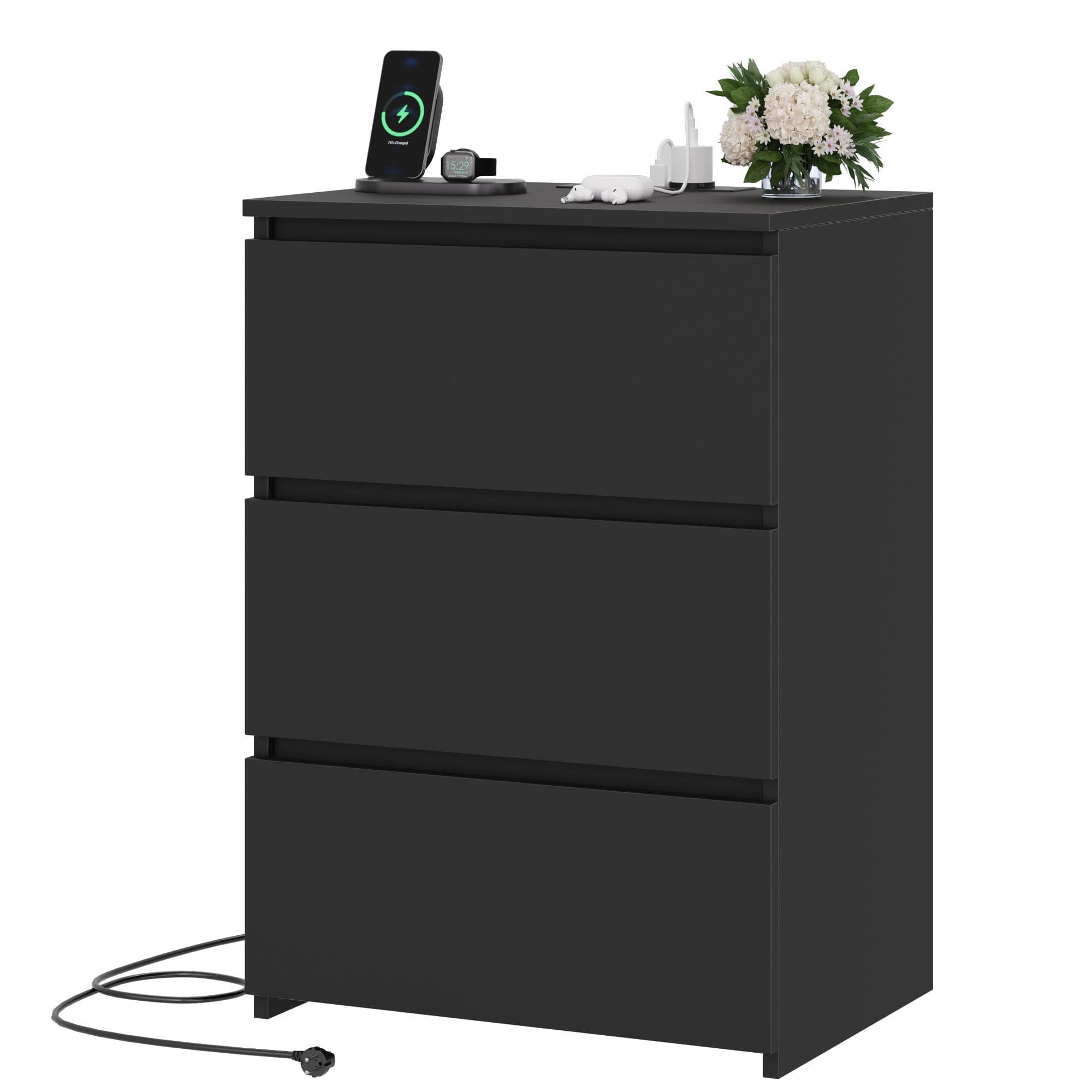 Homfa Nachttisch Nachtschrank Nachtkommode Nachtkonsole 3 Schubladen 2 AC-Steckdosen 2 USB-Anschlüsse Schwarz - Bild 2
