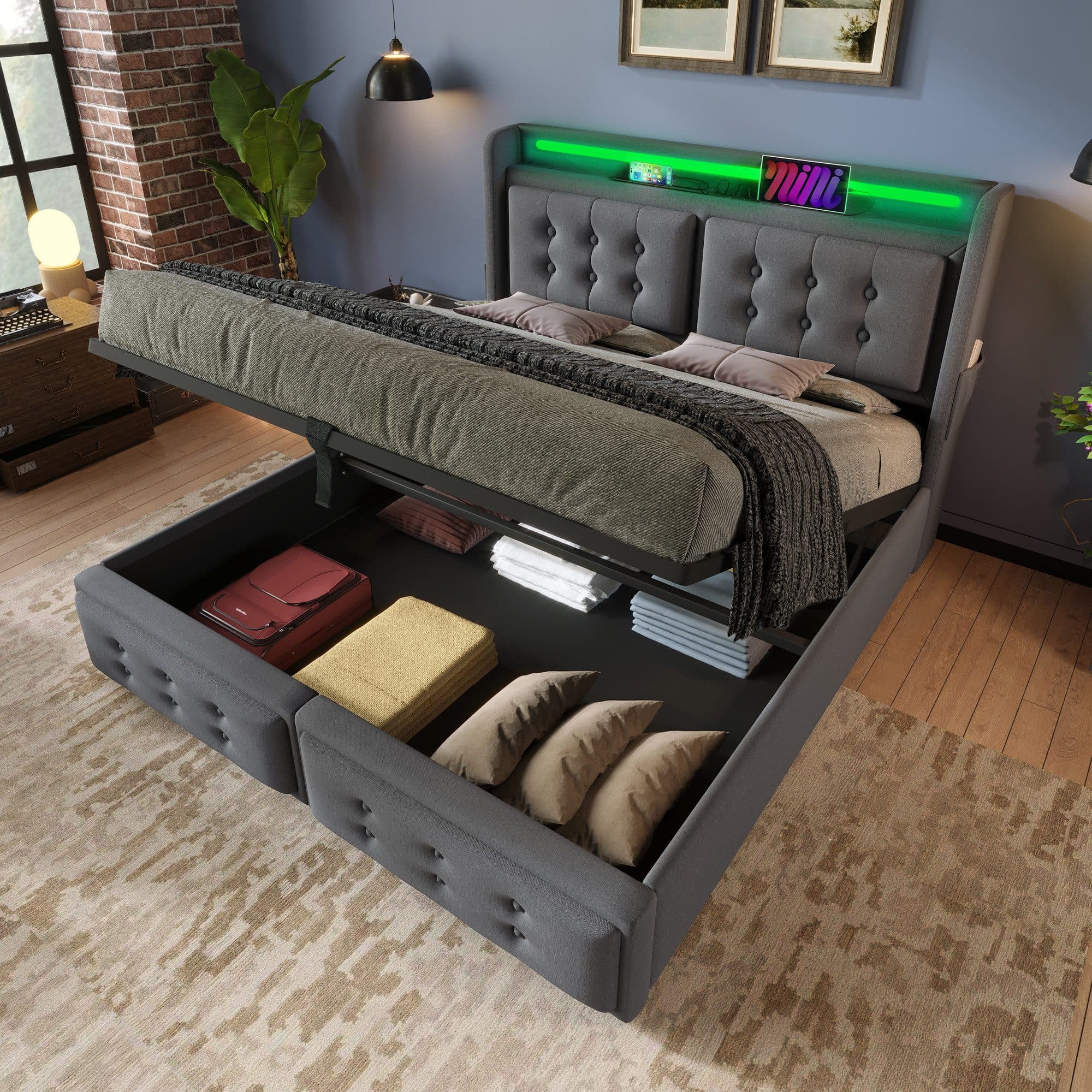 Flieks Polsterbett LED Doppelbett Grau mit Stauraum - Bild 2