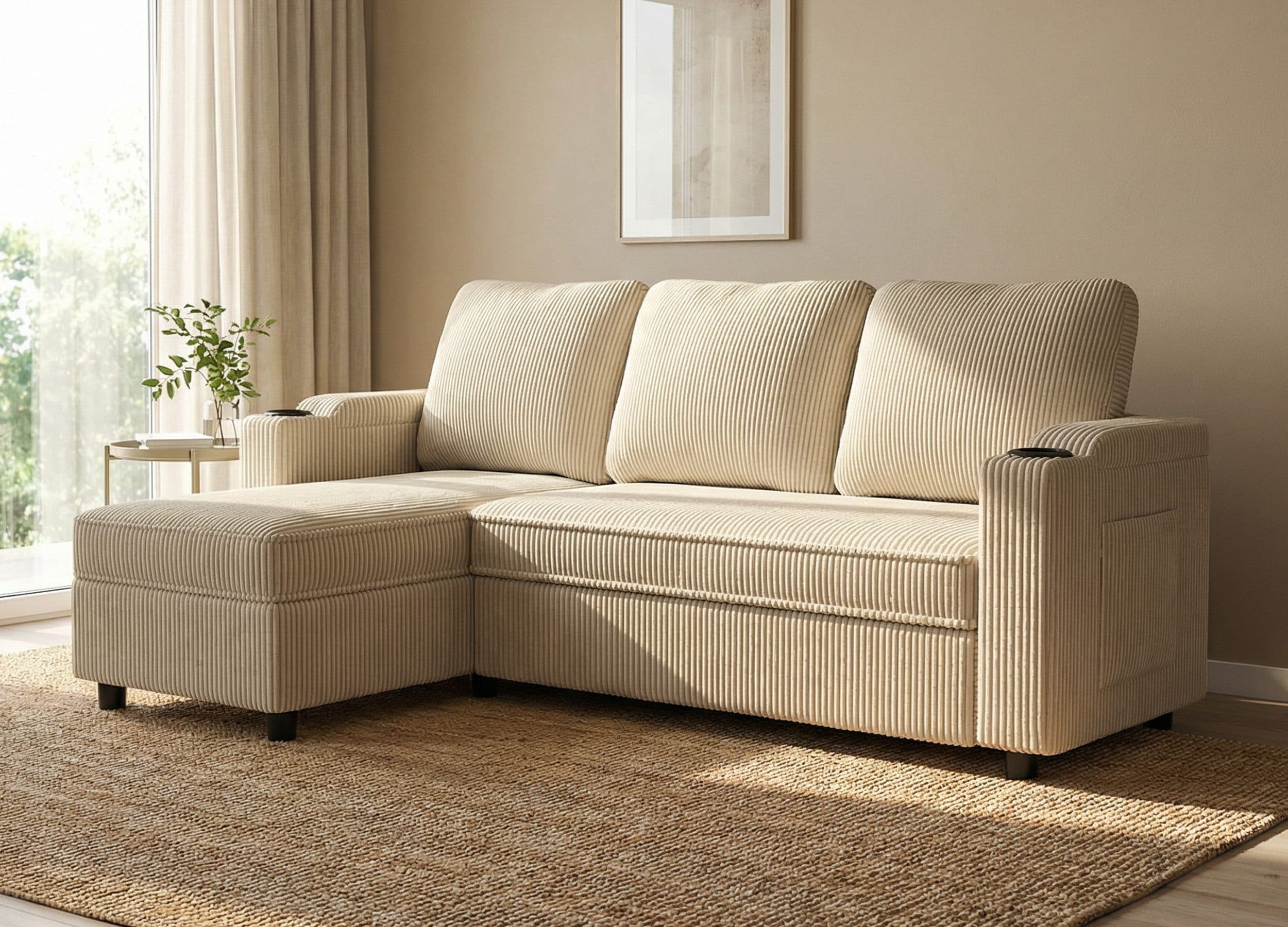 GUNJI Ecksofa Multifunktionales L-Form Schlafsofa aus Cord Beige - Bild 2