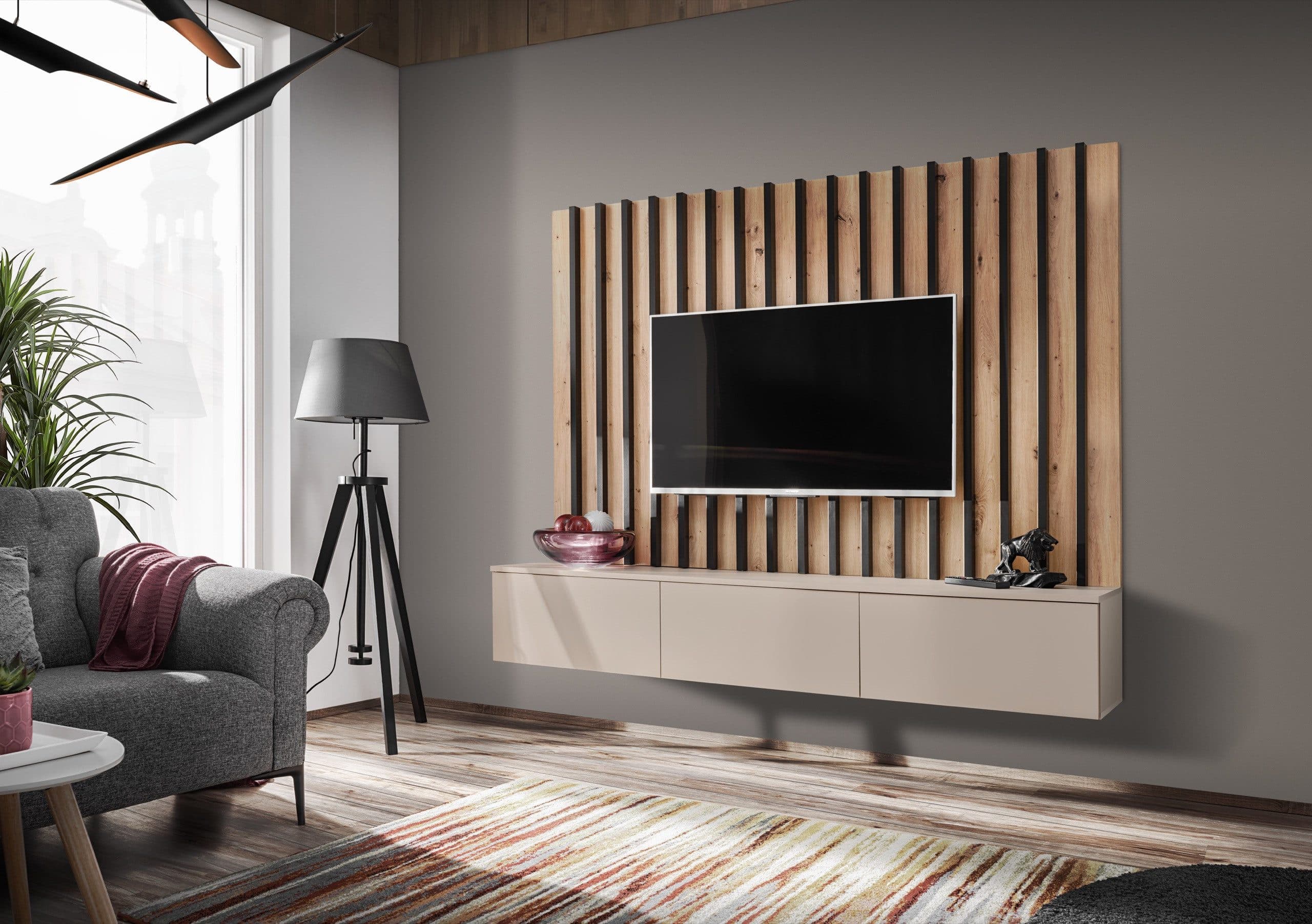 ASM-Moebel Wohnwand VERTI II mit Push-Click System und Lamellen Beige