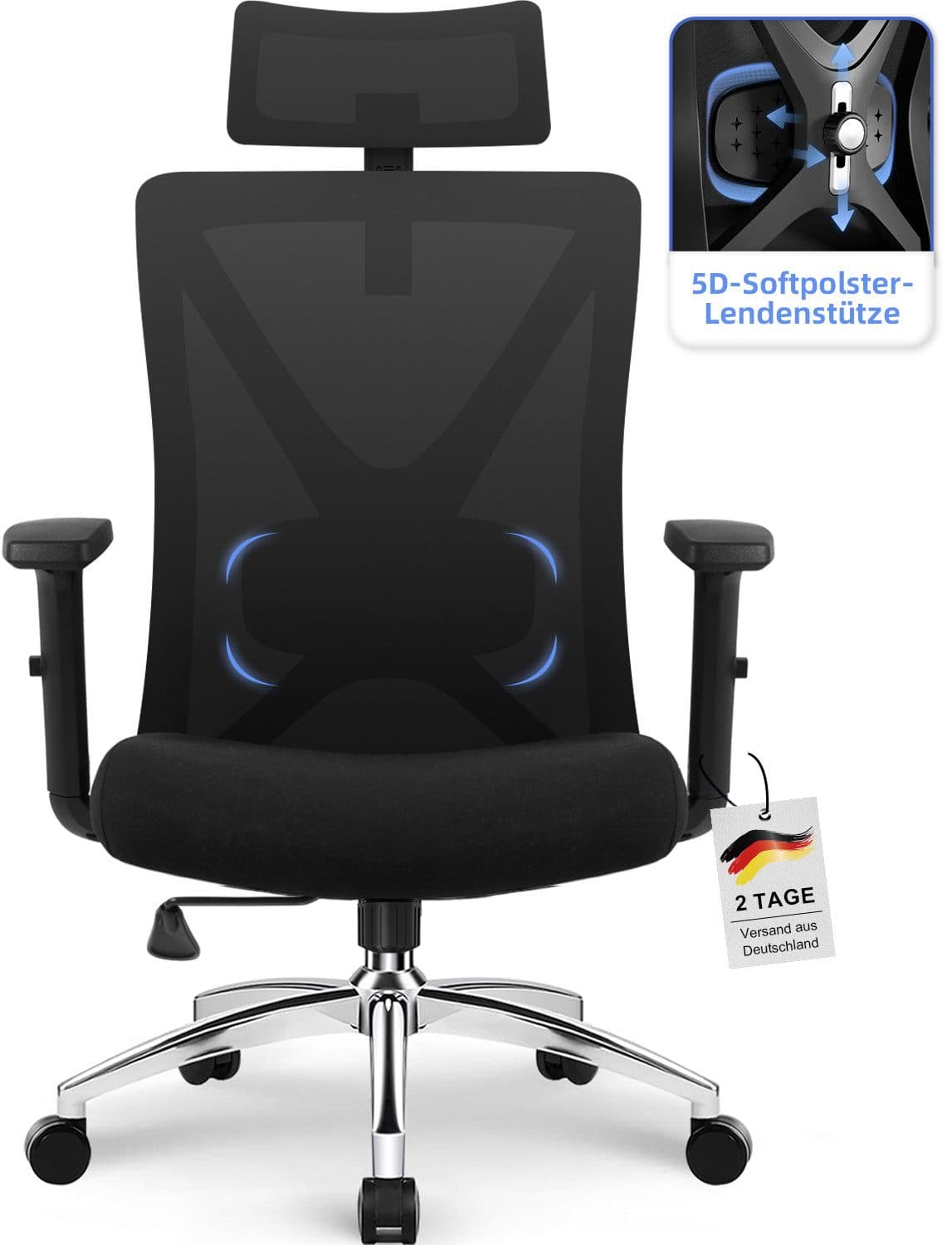 Hiazurm Ergonomischer Bürostuhl Schwarz Netzbezug Verstellbar - Bild 2