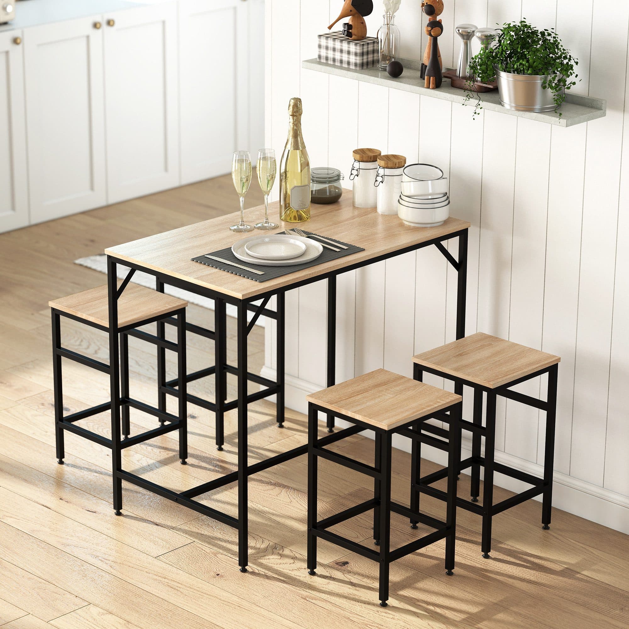 HOMCOM Bartisch-Set 5-tlg. Eiche Schwarz mit 4 Hockern - Bild 2
