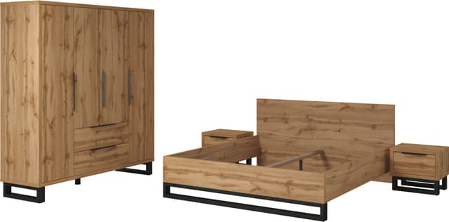 4-teiliges Schlafzimmer-Set mit Schrank und Bett in Holzoptik