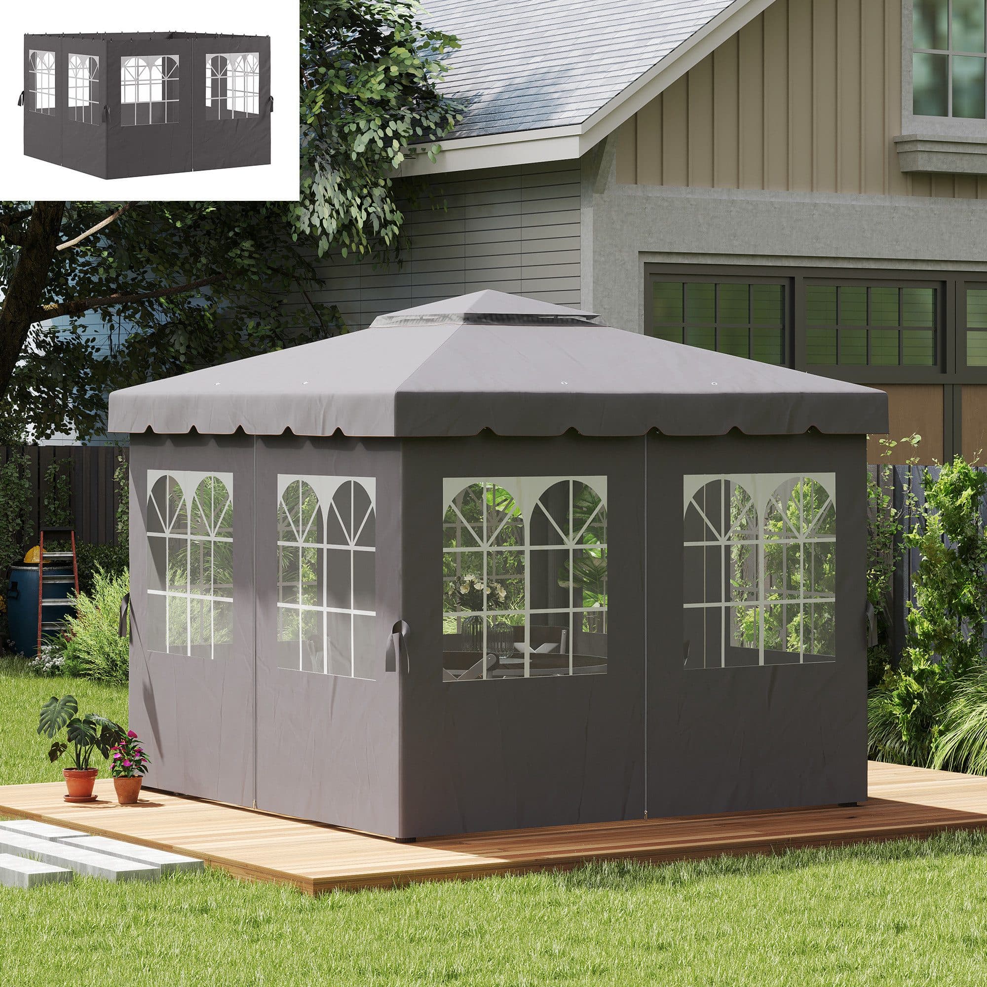 Outsunny Pavillonseitenteil mit 8 Fenstern, Klettverschluss, 1x205 cm, für Pavillonrahmen 3 x 3 m, Seitenwand 4er Set, Wasserdicht, Winterfest, Dunkelgrau - Bild 2