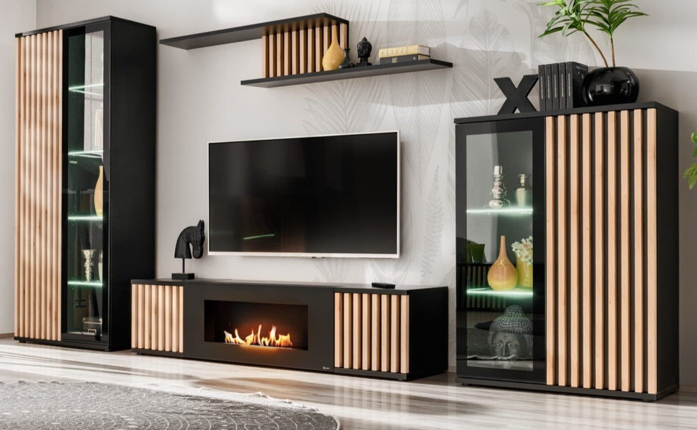 Furn.Design Wohnwand Morgan Schwarz Matt mit Eiche Lamellen und Kamin - Bild 2