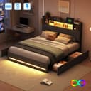 PXloue Polsterbett LED Doppelbett Kopfteil mit Stauraum, Schubladen, ohne Matratze, Leinen, 140x200 cm Bild 2