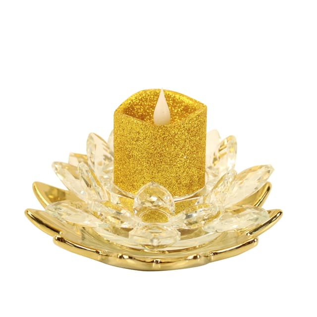 Online-Fuchs Lotusblüten-Kerzenständer aus Glas mit LED Kerze in Gold
