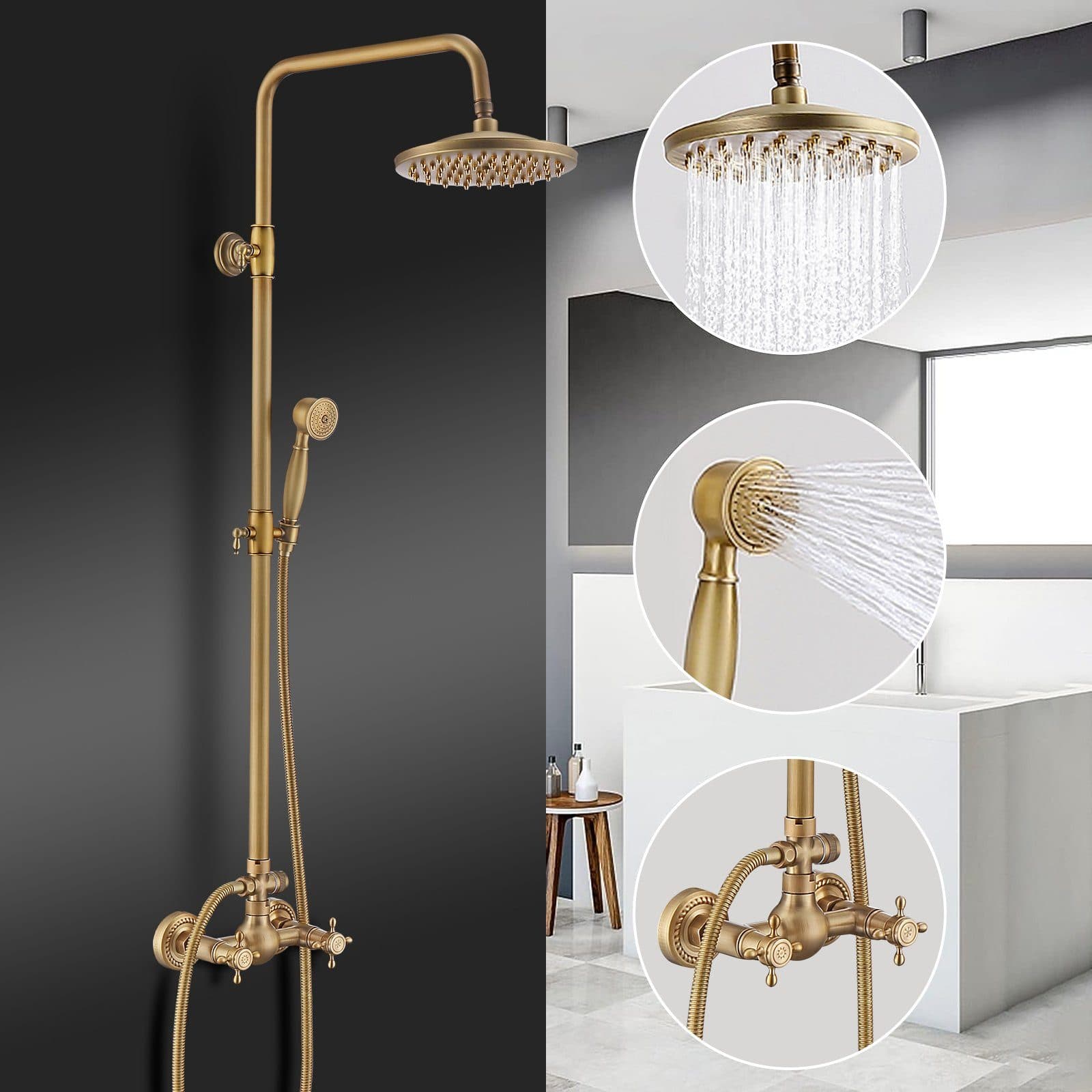 HOMELODY Duschsystem Retro Antikgold 8" Regendusche Höhenverstellbar - Bild 2
