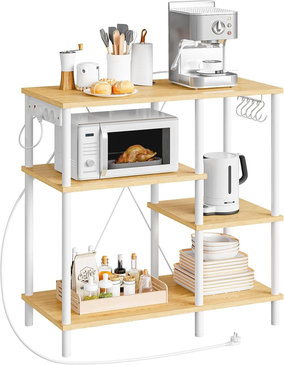 Hoobro Küchenregal Standregal mit Steckdosen, Bäckerregal mit 5 S-Haken, Mikrowellen-Regal - Bild 2