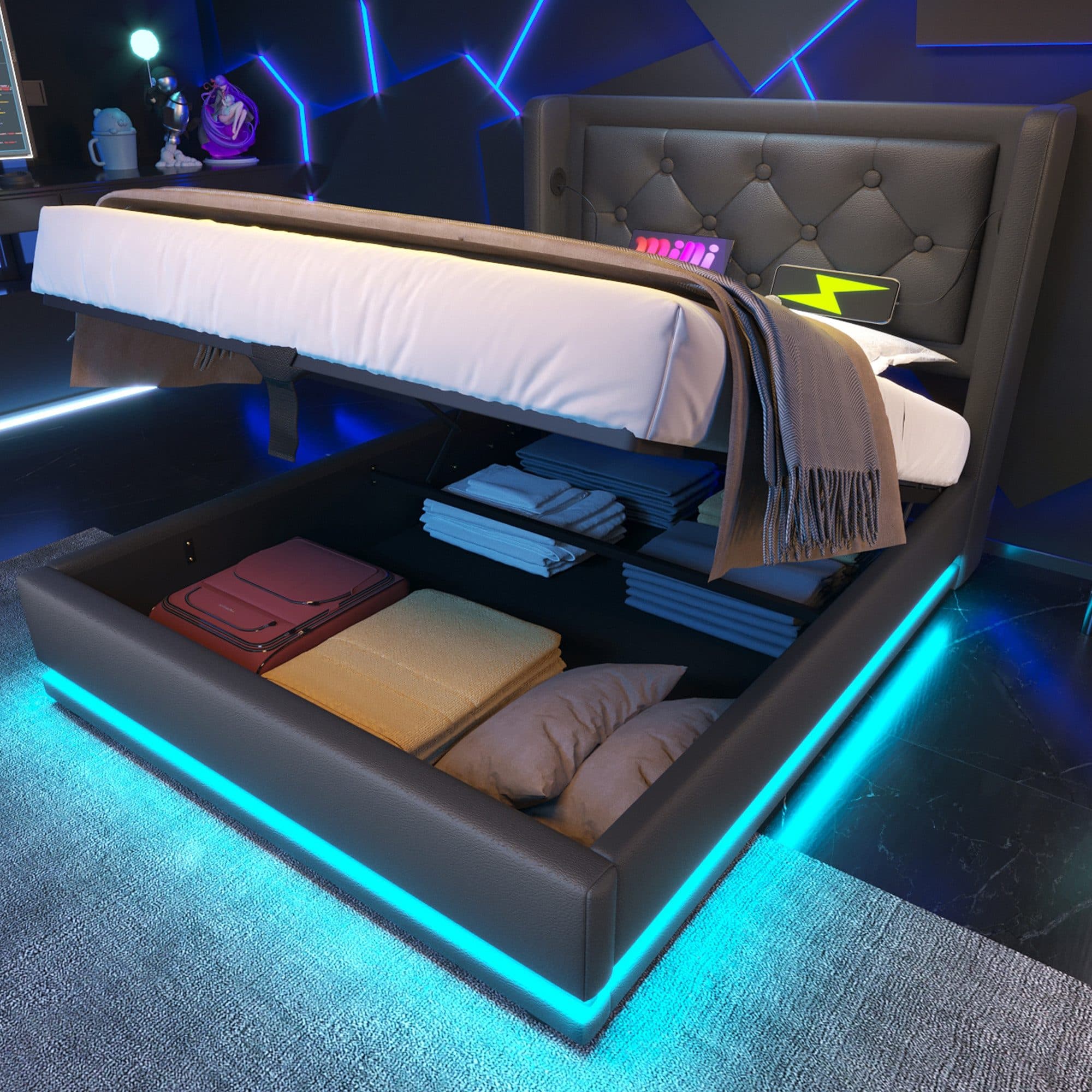Flieks Polsterbett Schwarz mit LED und Stauraum - Bild 2