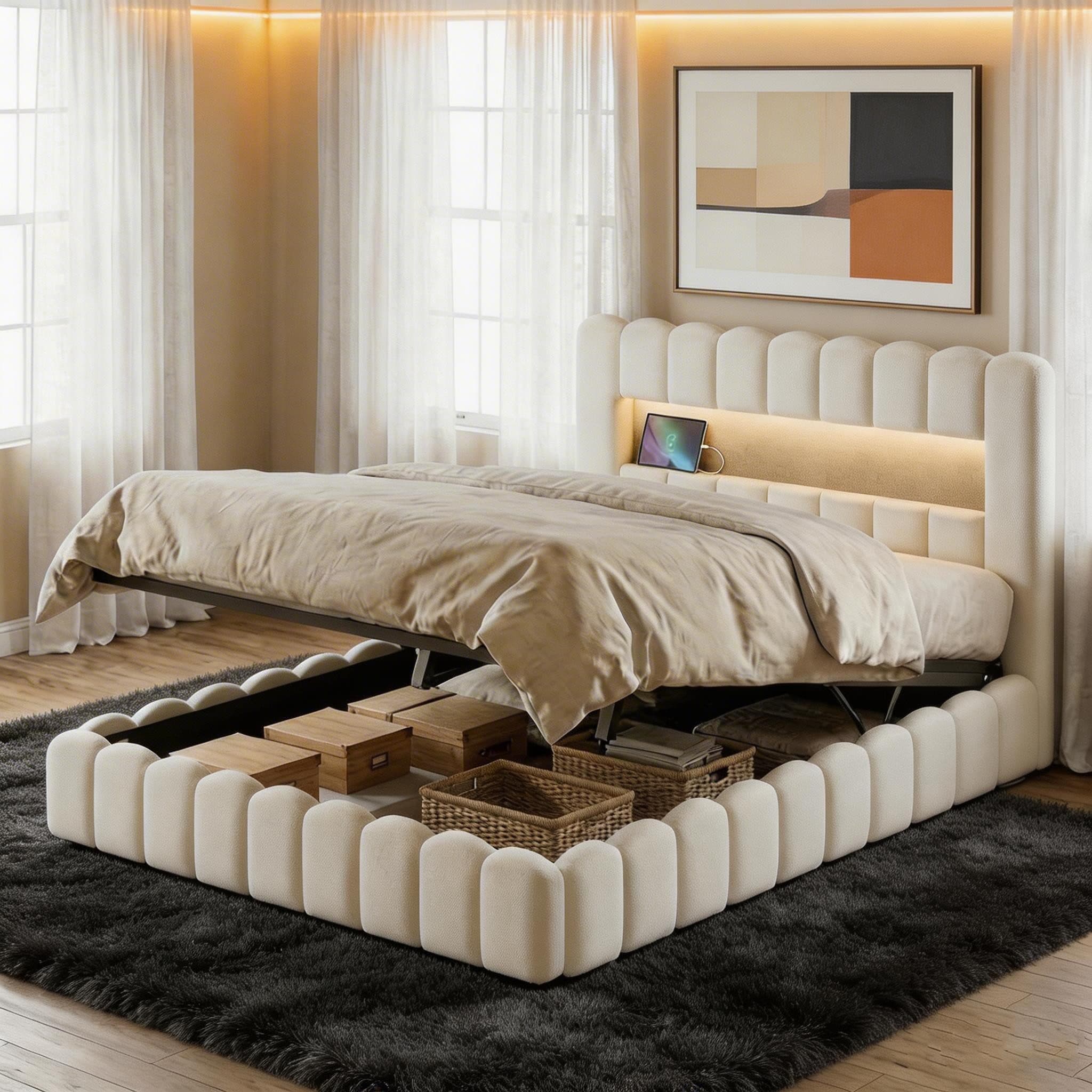 PXloue LED Polsterbett Doppelbett Jugendbett Bettkasten USB-Anschluss 140x200 cm - Bild 2