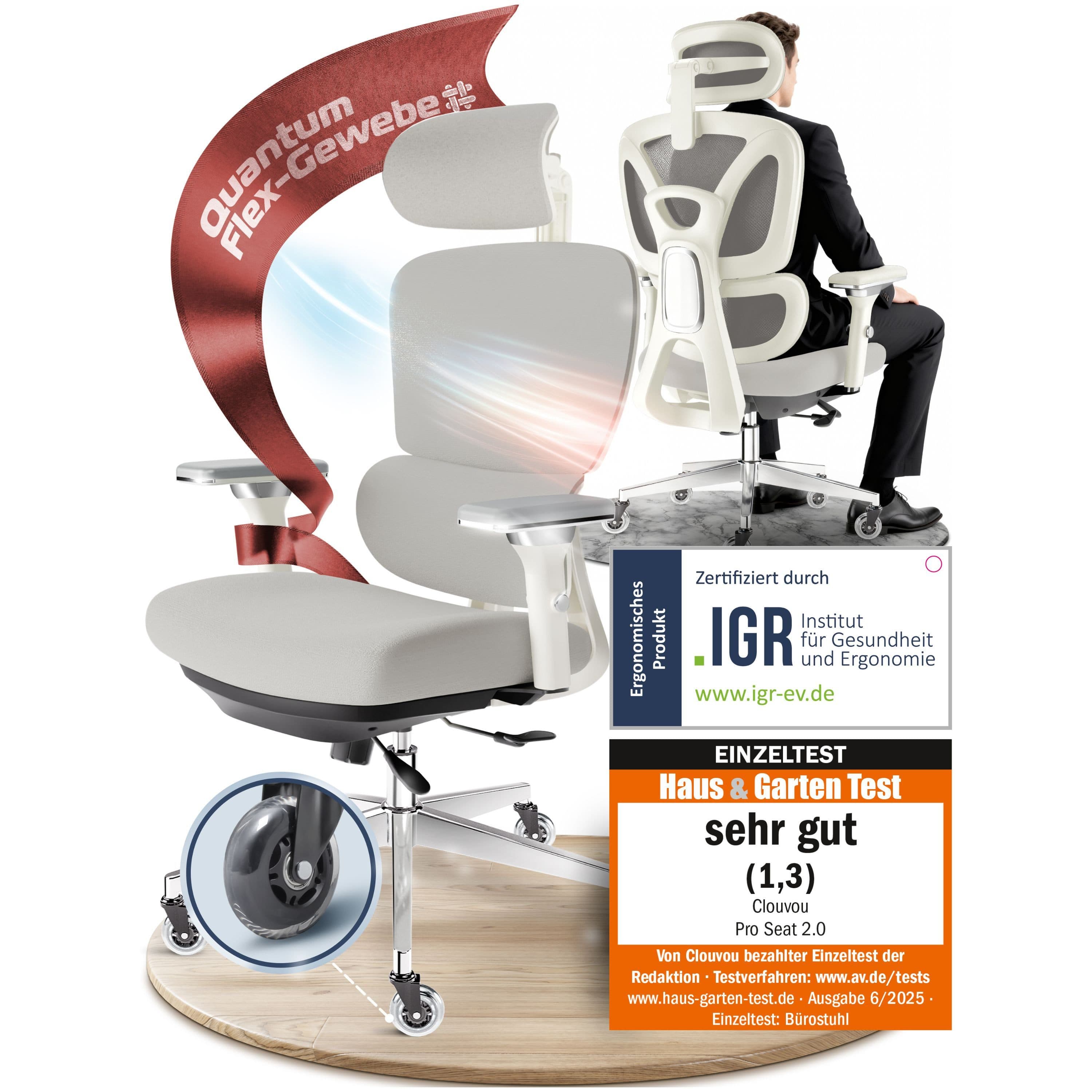 CLOUVOU Bürostuhl Ergonomisch Grau 4D Armlehnen 3D Kopfstütze - Bild 2