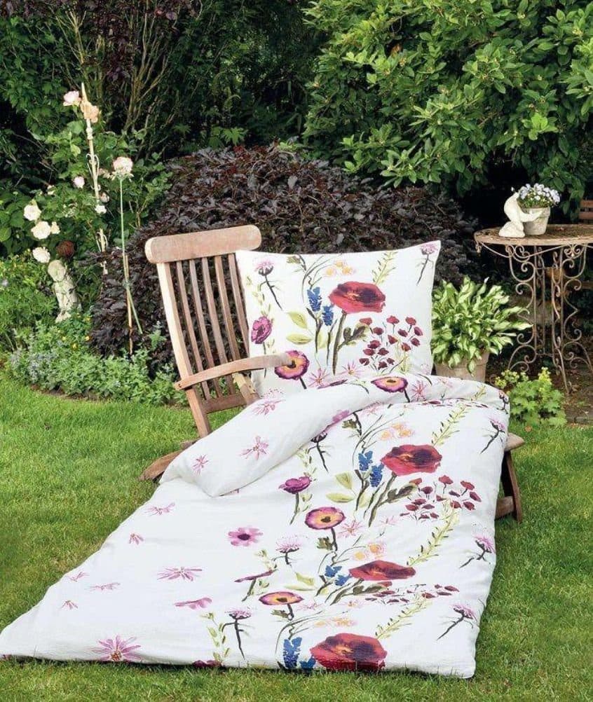 Janine Mako-Satin Bettwäsche Palermo 100% Baumwolle Blumenmuster Weiß