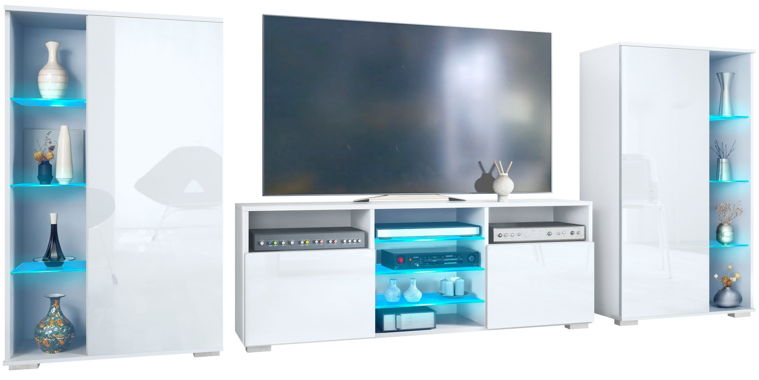 Modernes Wohnwand-Set mit Vitrinen und LED-Beleuchtung