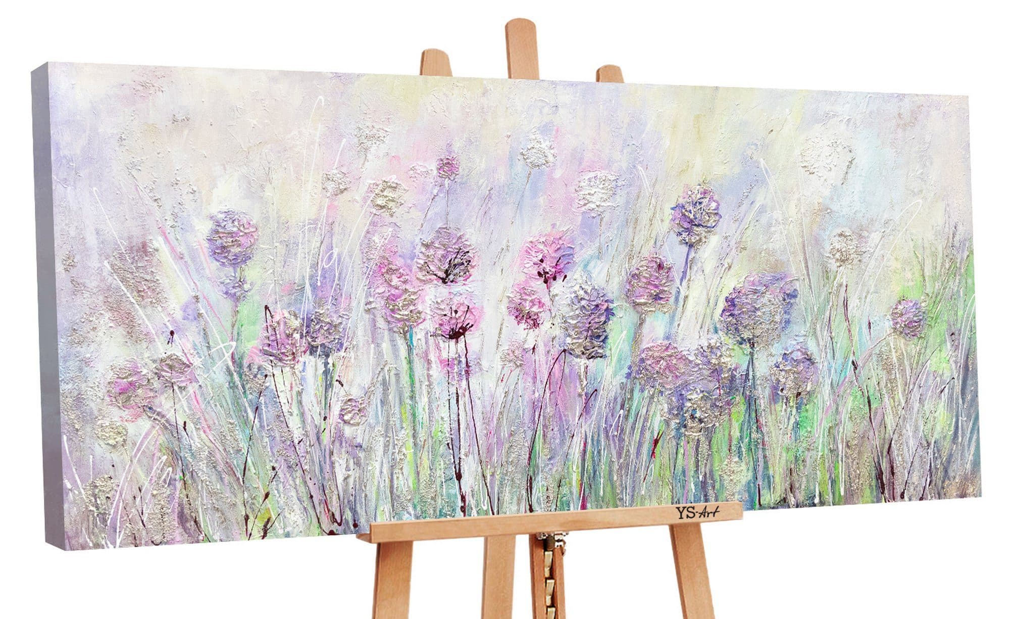 YS-Art Gemälde Blumen auf der Wiese Handgemalt Leinwand Grün Lila - Bild 2