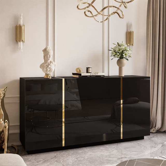 Lookway Kommode ONYX Schwarz/Gold/Weiß Hochglanz Sideboard 3 Schubladen