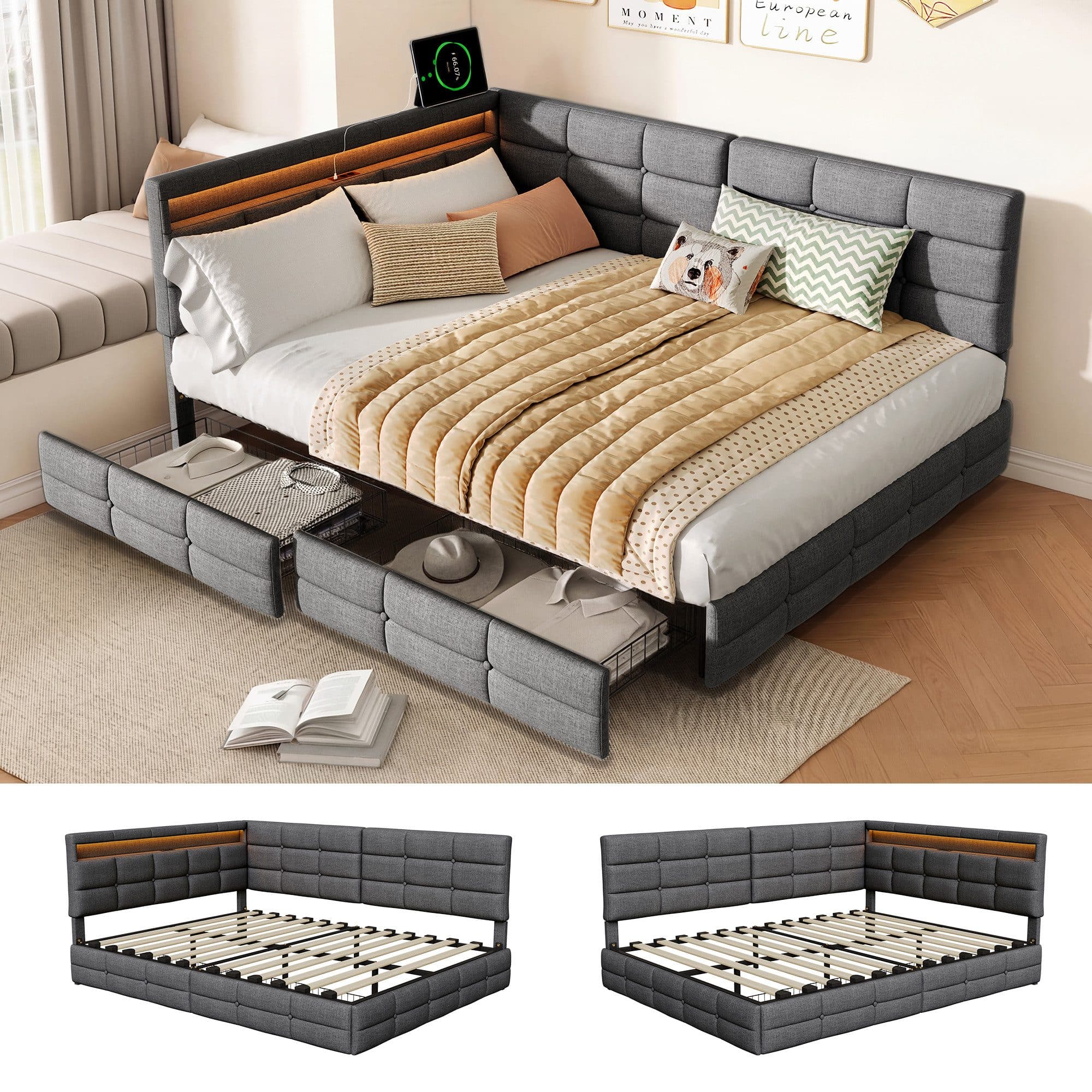 Simurq Polsterbett Daybett Beige/Grau mit LED & USB - Bild 2