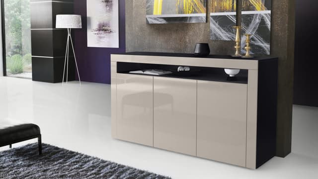 Sideboard mit 3 Türen und offenem Fach | Schwarz matt & Sandgrau Hochglanz