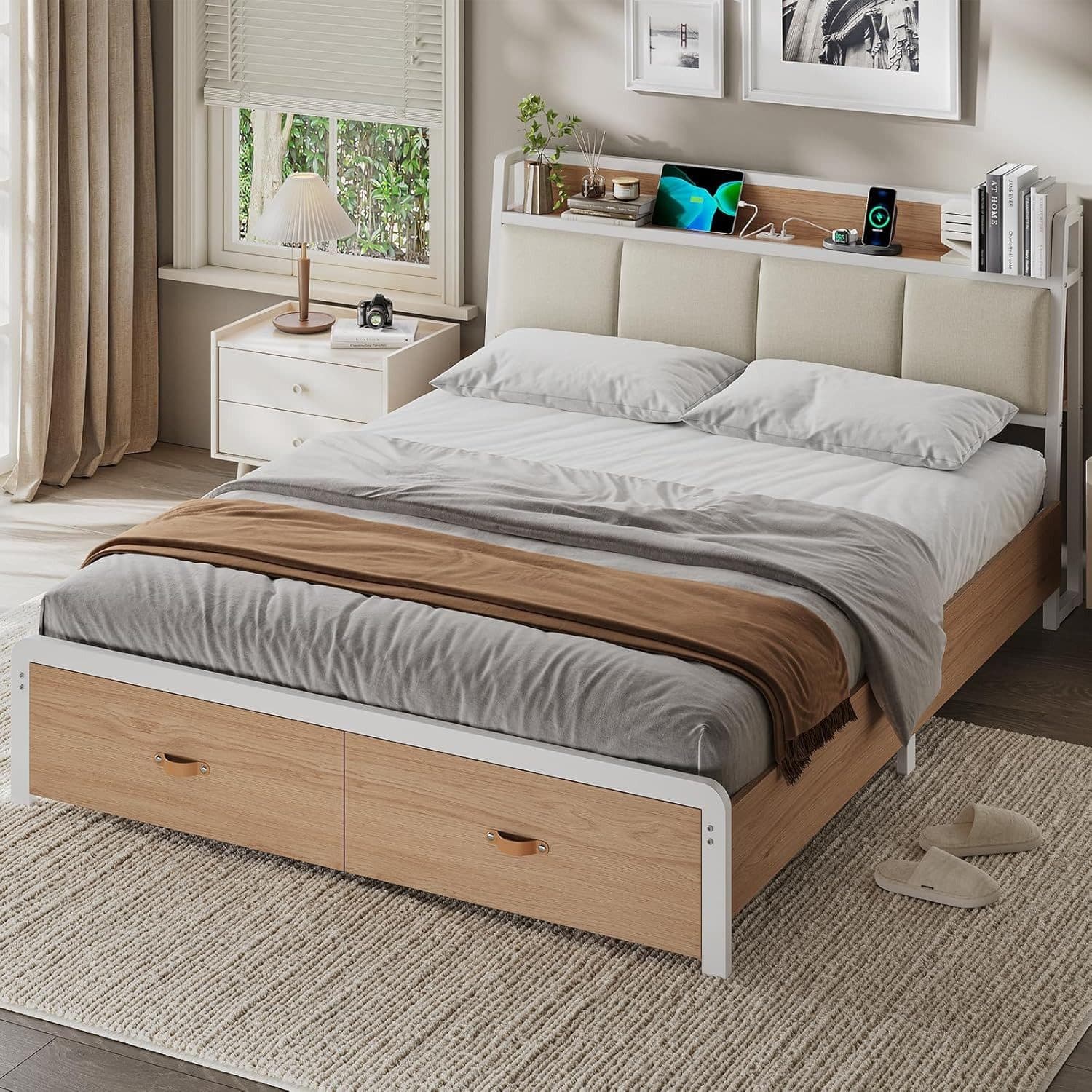 KIMENICH Metallbett Bettgestell mit Ladestation und 2 Schubladen, Jugendbett 1-tlg. Ohne Matratze 140x190cm Weiß - Bild 2