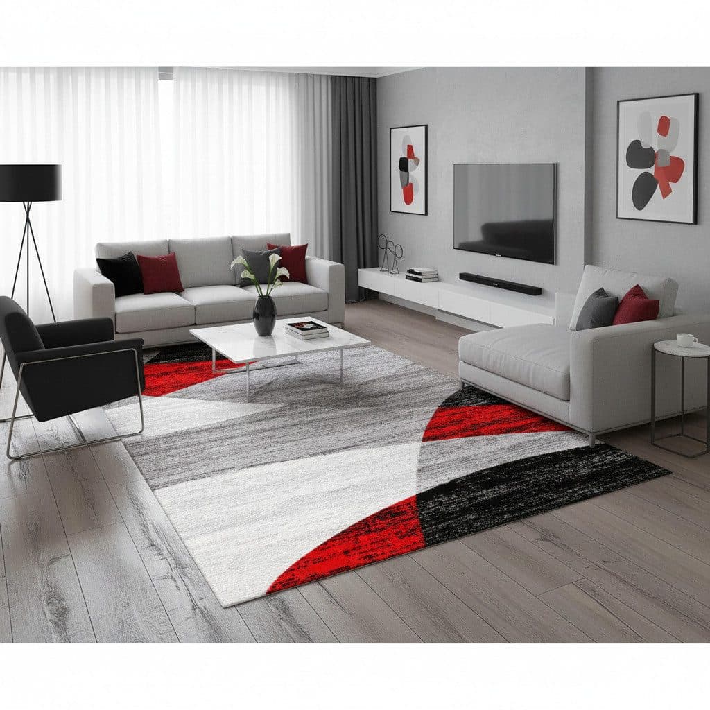 Vimoda Läufer Teppich Kurzflor Geometrisches Meliert Muster Rot Grau - Bild 2