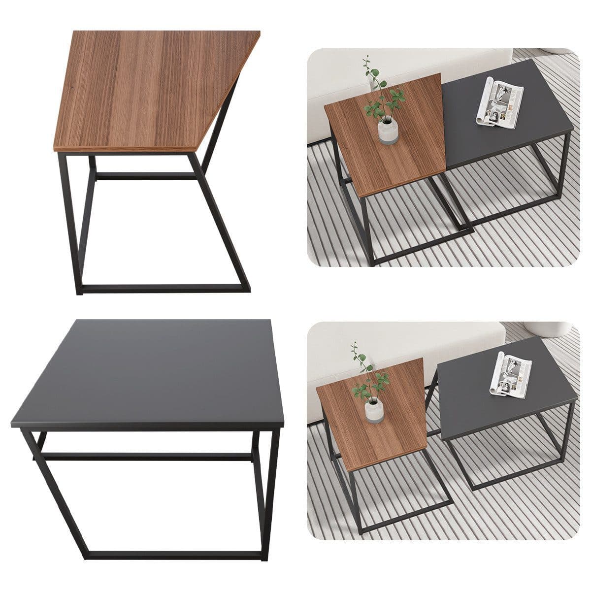 Simloveve Beistelltisch Couchtisch stapelbar Schwarz/Walnuss