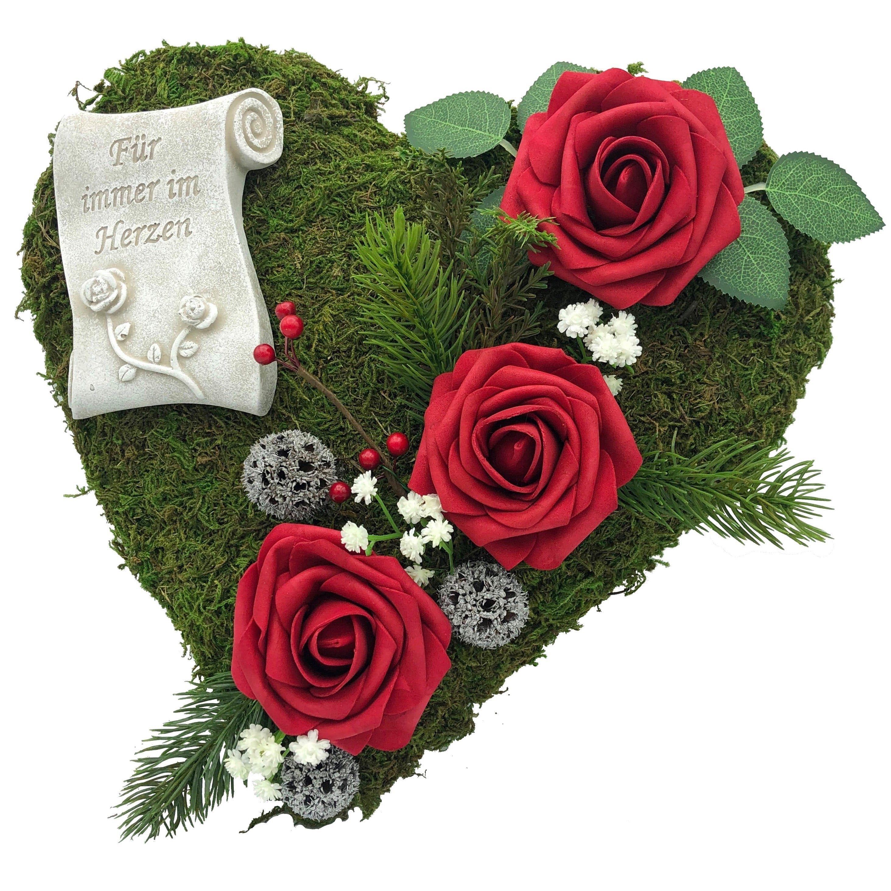 Radami Grabgesteck Moosherz mit 3 Roten Rosen - Handarbeit - Bild 2