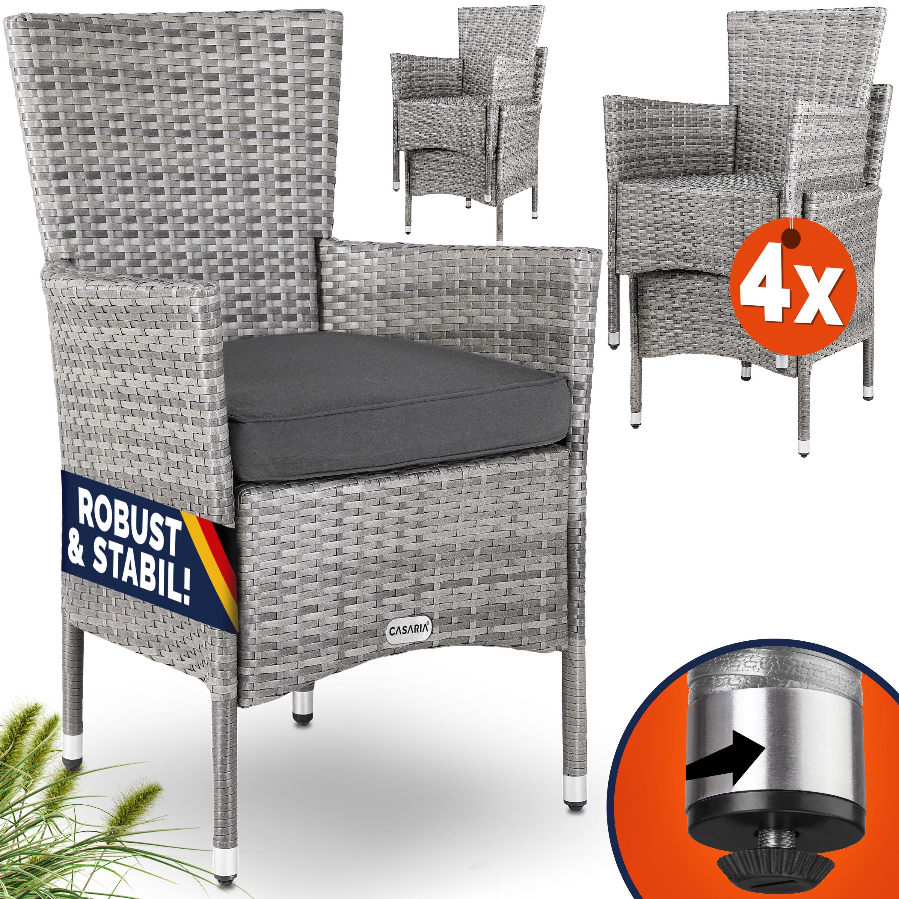 Casaria Gartenstuhl 4er Set Grau Polyrattan Stapelbar - Bild 2