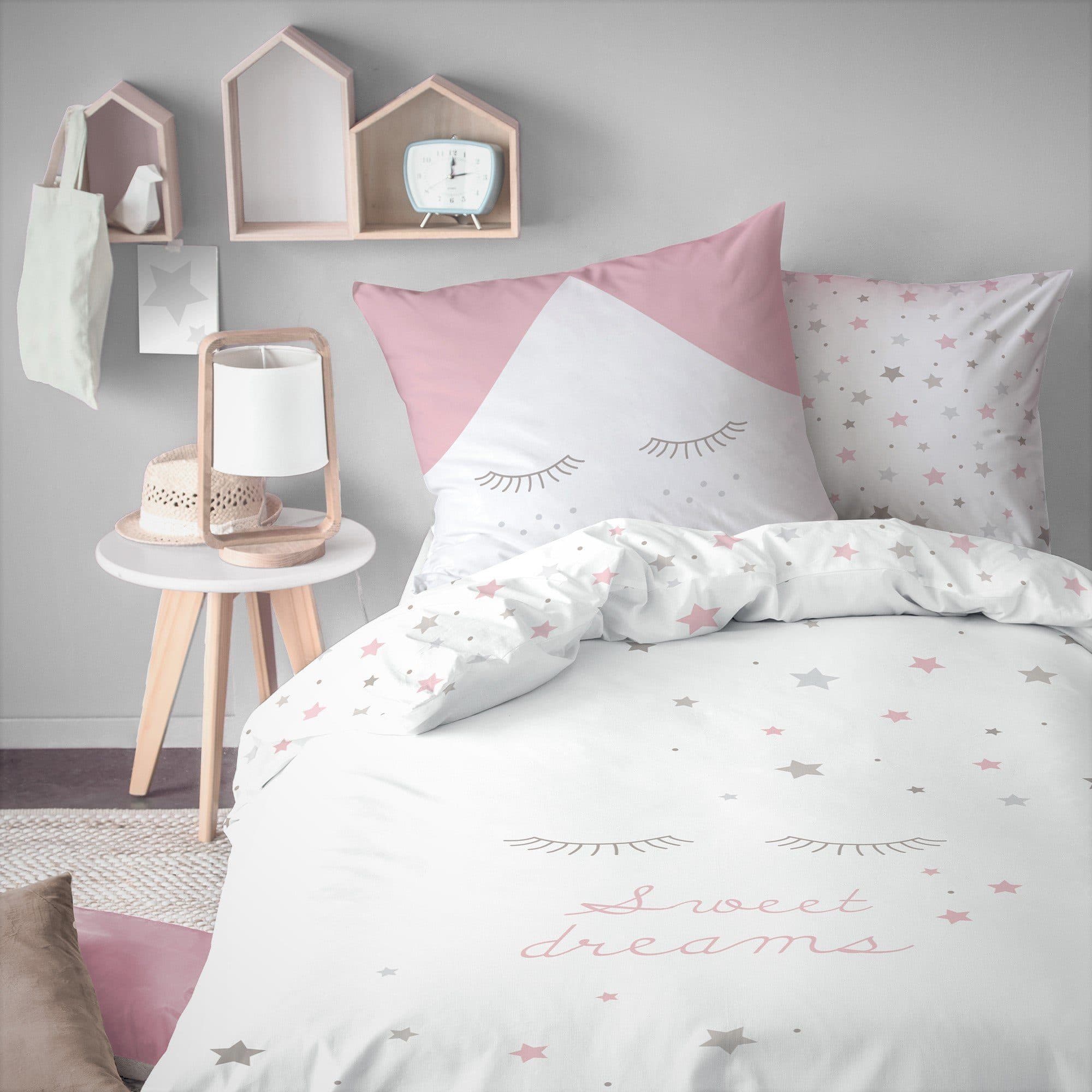 MTOnlinehandel Bettwäsche Sweet Dreams Rosa Grau Sterne Wimpern