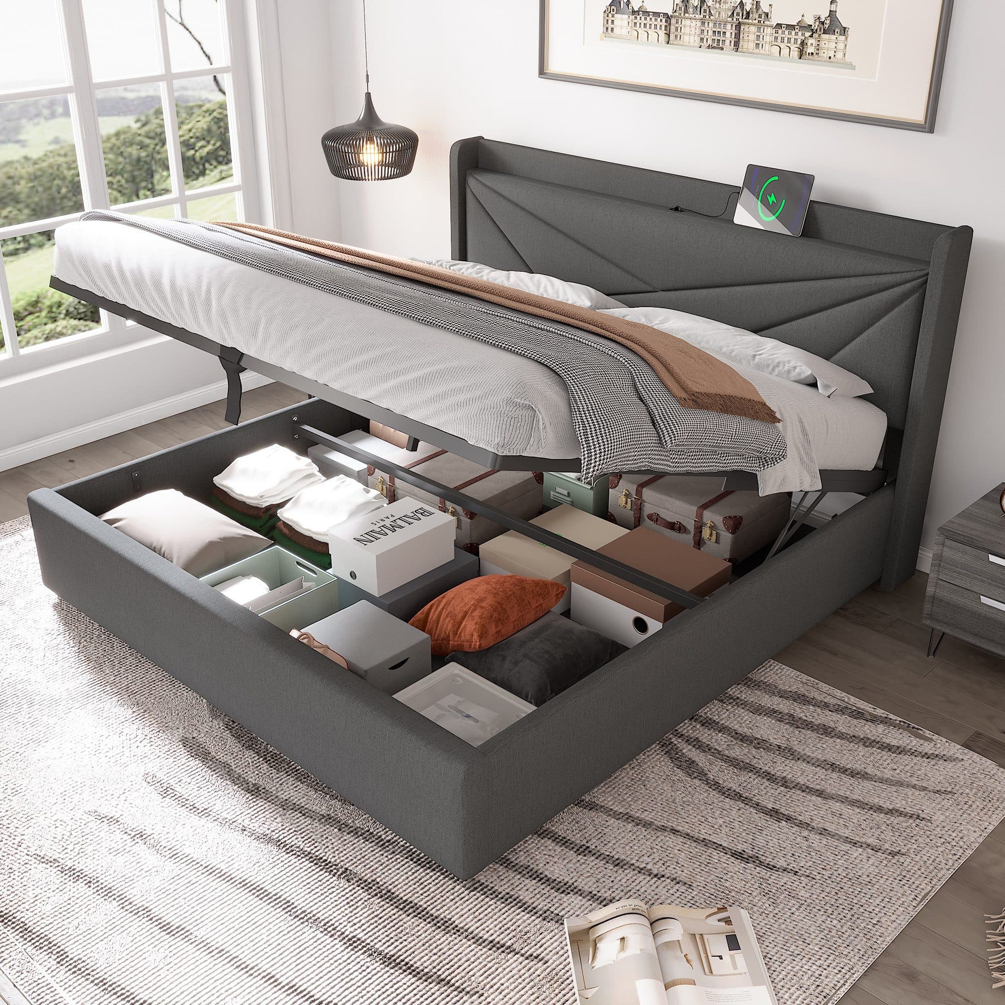 TavilaEcon Boxspringbett Einzelbett mit Stauraum und USB Typ C Grau - Bild 2
