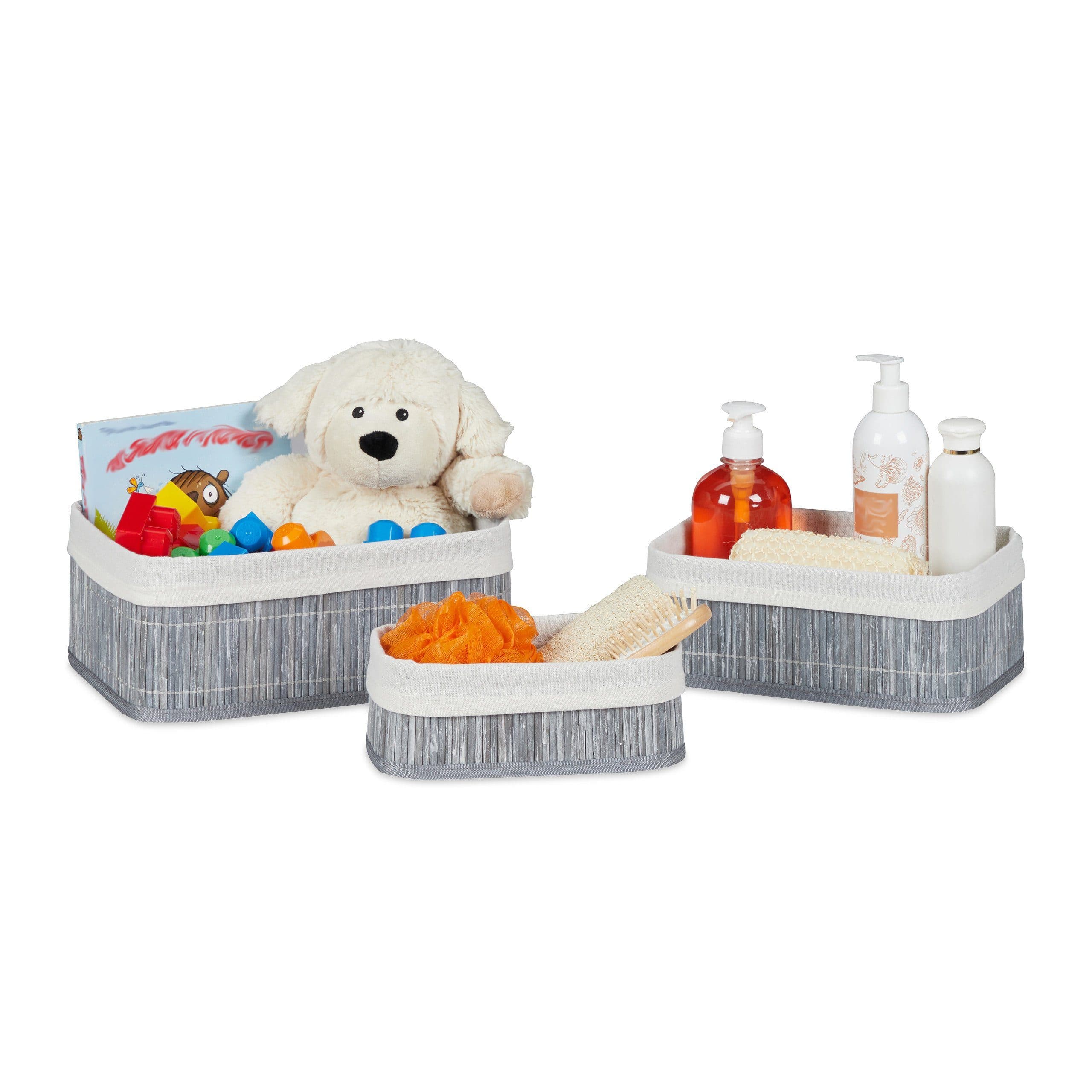 relaxdays Aufbewahrungskorb Bad 3-teiliges Set Grau Bambus - Bild 2