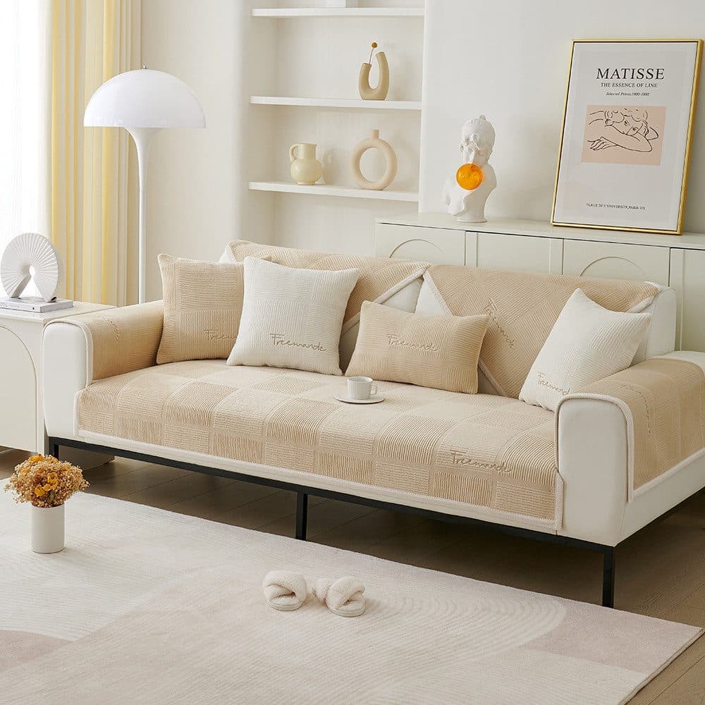 TUWENA Sofaüberzug Plüsch rutschfest L-Form beige/grau - Bild 2