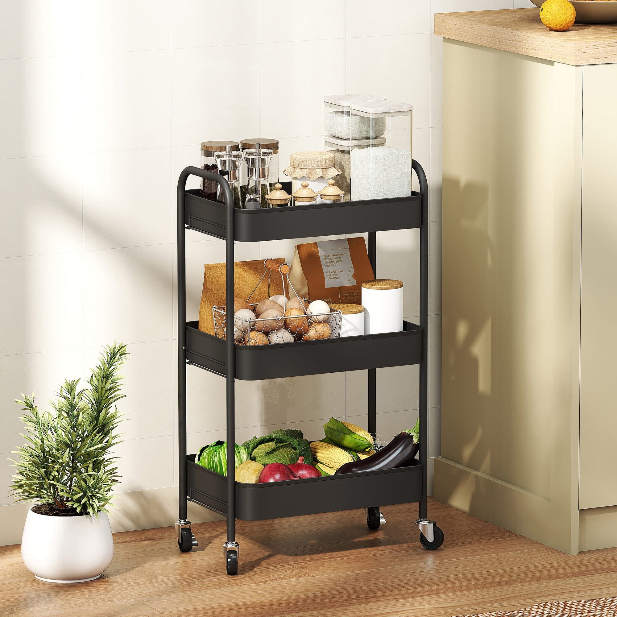 HOMCOM Servierwagen Rollwagen 3 Gitterkörbe Schwarz - Bild 2